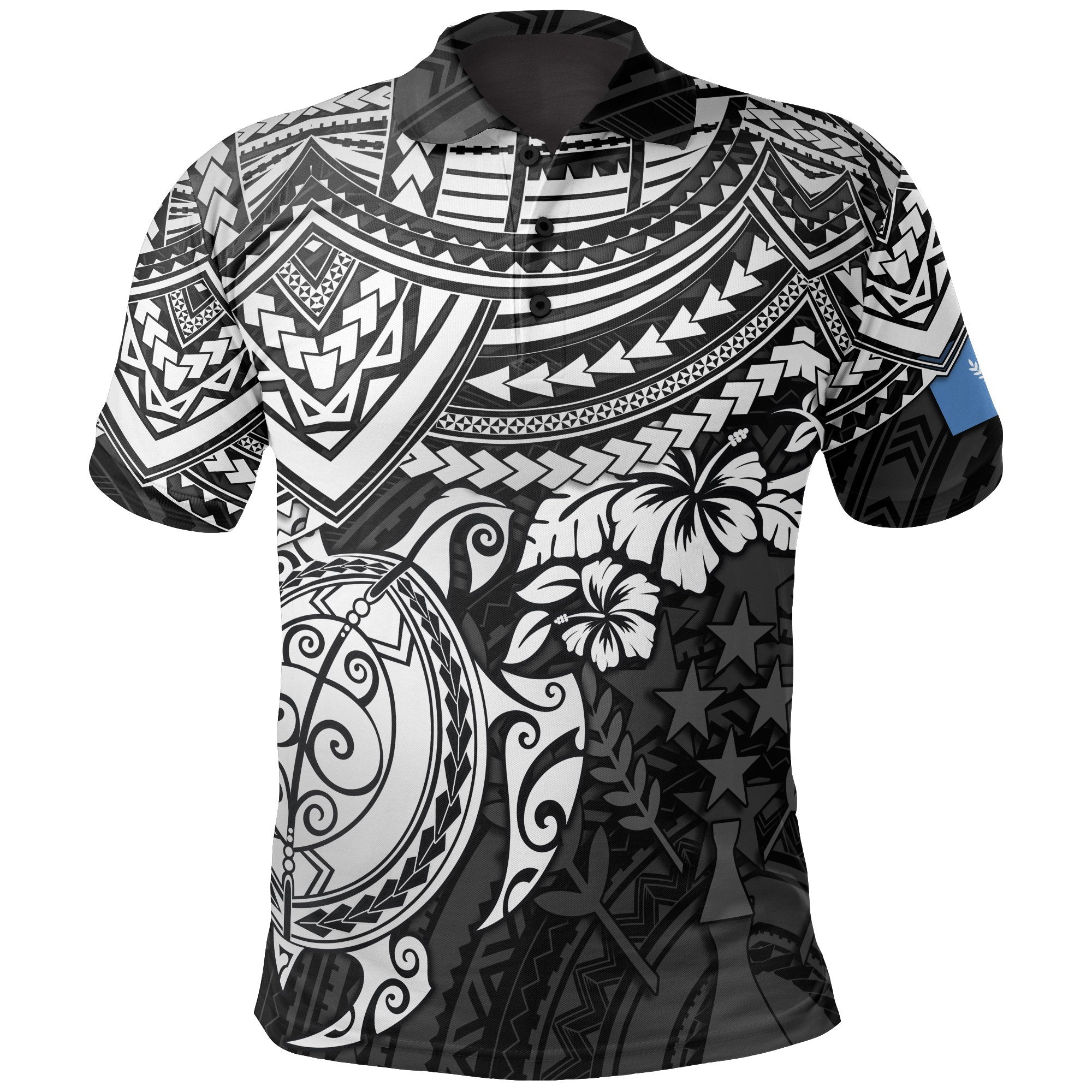 Kosrae Polo Shirt Kosrae Flag White Turtle Hibiscus Unisex Black - Polynesian Pride