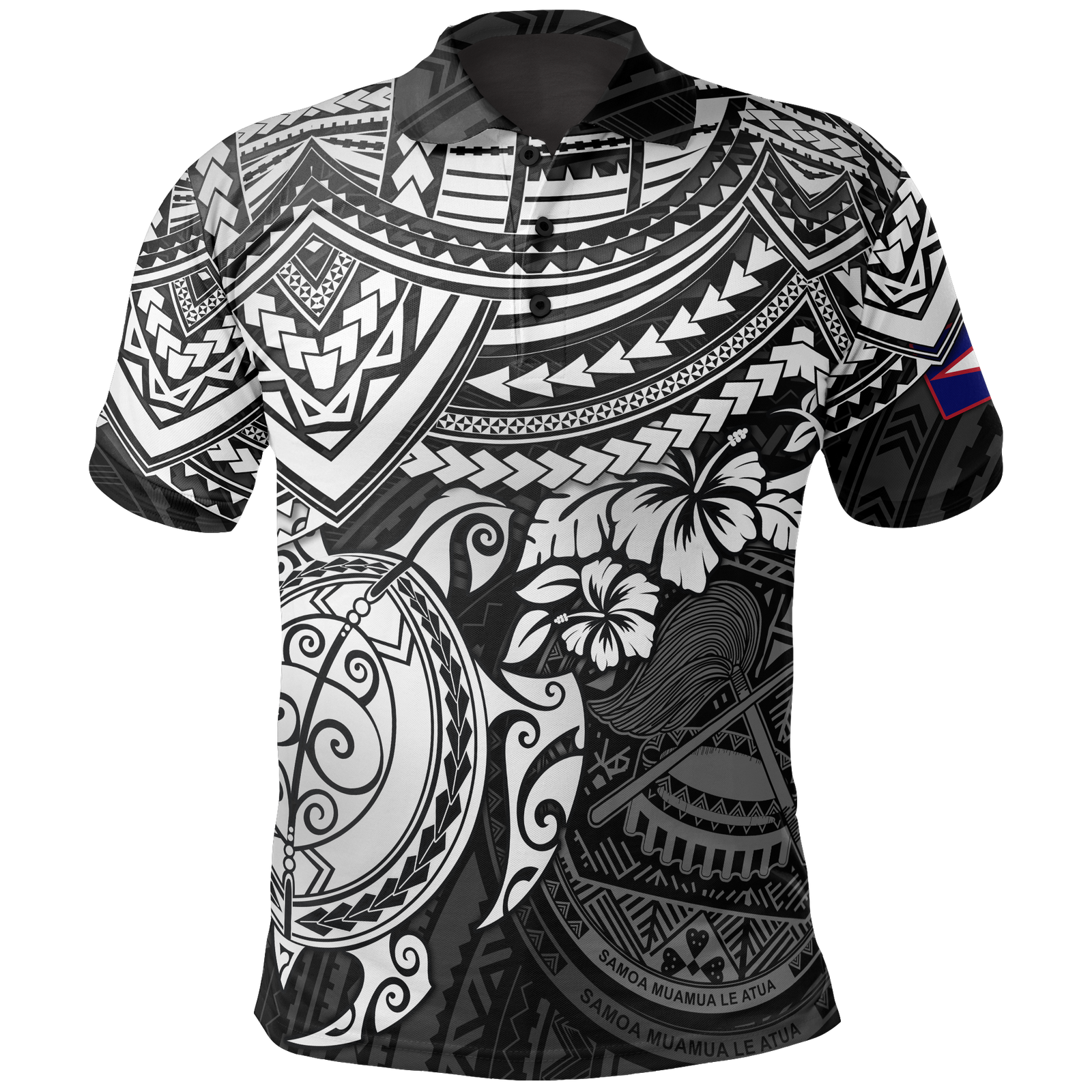 American Samoa Polo Shirt Amerika Samoa Flag Seal White Turtle Hibiscus Unisex BLACK - Polynesian Pride