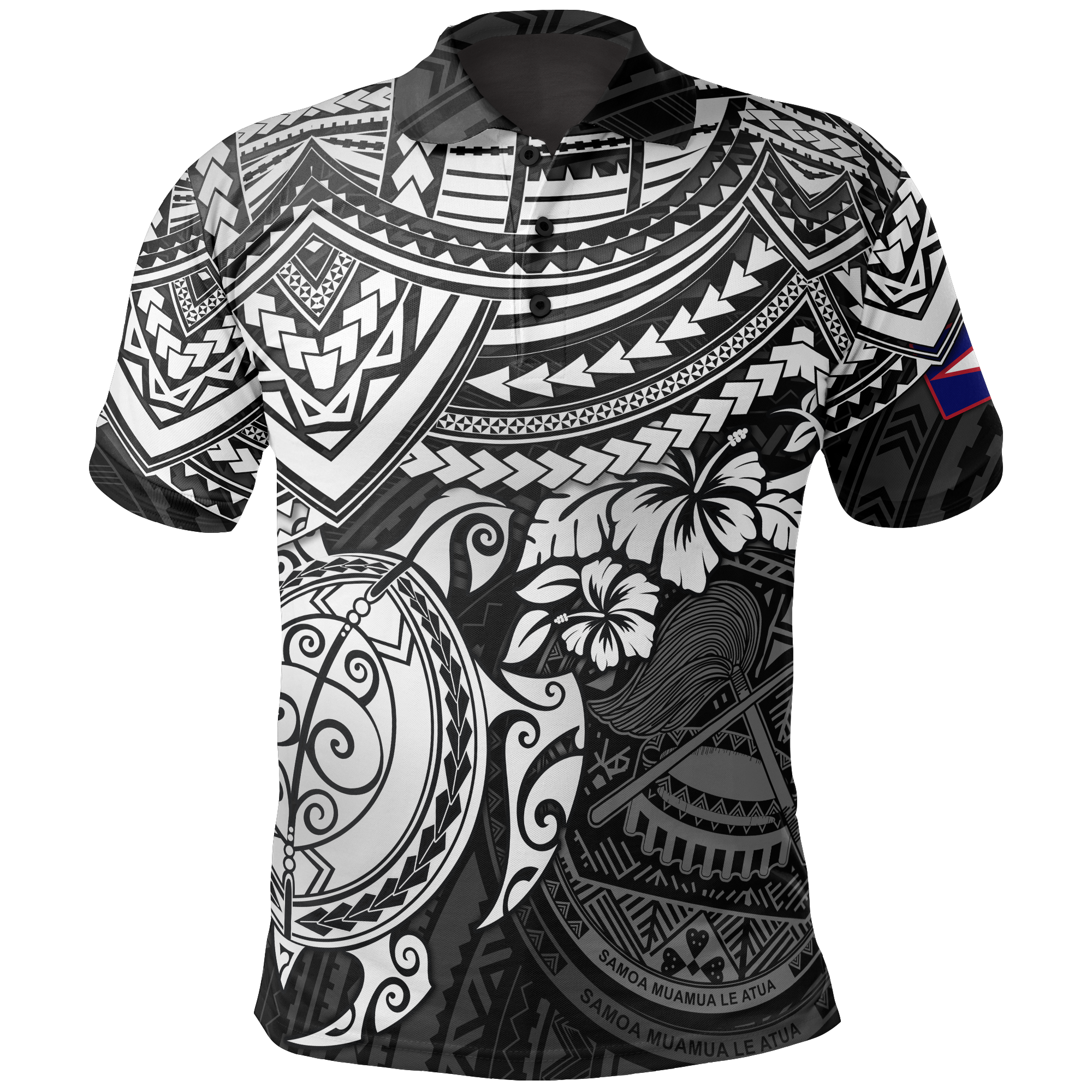 American Samoa Polo Shirt Amerika Samoa Flag Seal White Turtle Hibiscus Unisex BLACK - Polynesian Pride