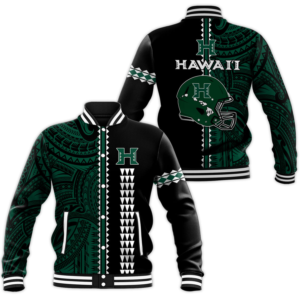 Hawaii Kakau Warrior Football Baseball Jacket - LT12 Unisex Green - Polynesian Pride