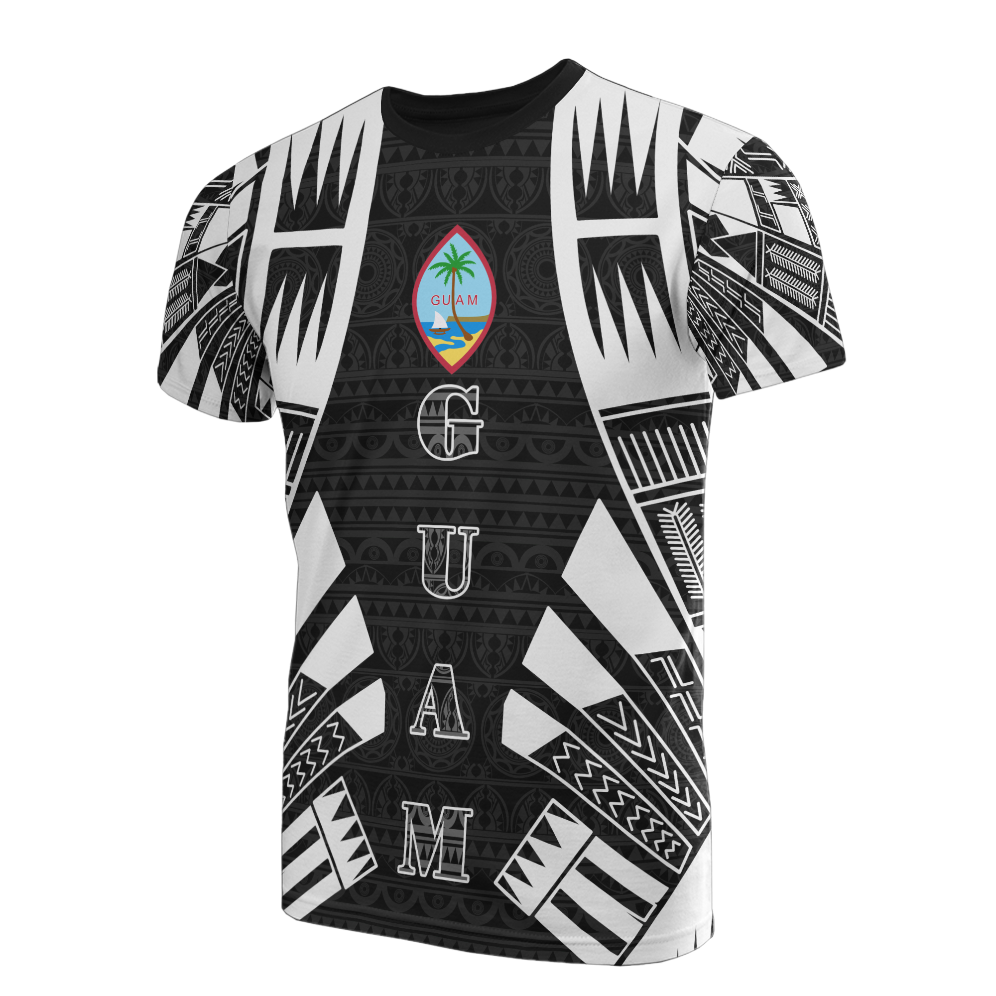 Guam T Shirt Guam Coat of Arms Polynesian Tattoo Style Unisex Black - Polynesian Pride