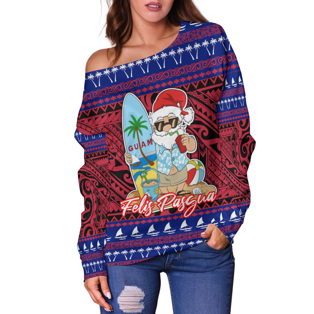 Guam Christmas - Felis Pasgua Santas Guam Surf Board Women Off Shoulder Sweater - LT2 Women RED - Polynesian Pride