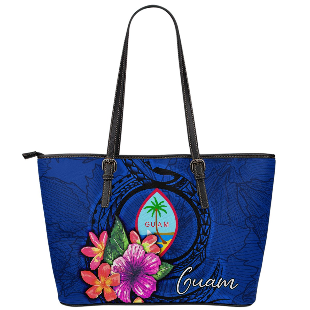 Guam Polynesian Large Leather Tote Bag - Floral With Seal Blue Blue - Polynesian Pride