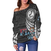 Fiji Rugby Bati Tapa Pattern Women Off Shoulder Sweater - LT2 - Polynesian Pride