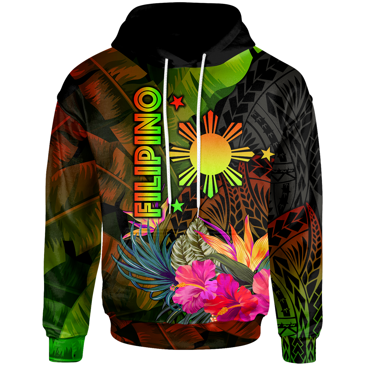The Philippines Polynesian Hoodie Hibiscus and Banana Leaves Unisex Reggae - Polynesian Pride