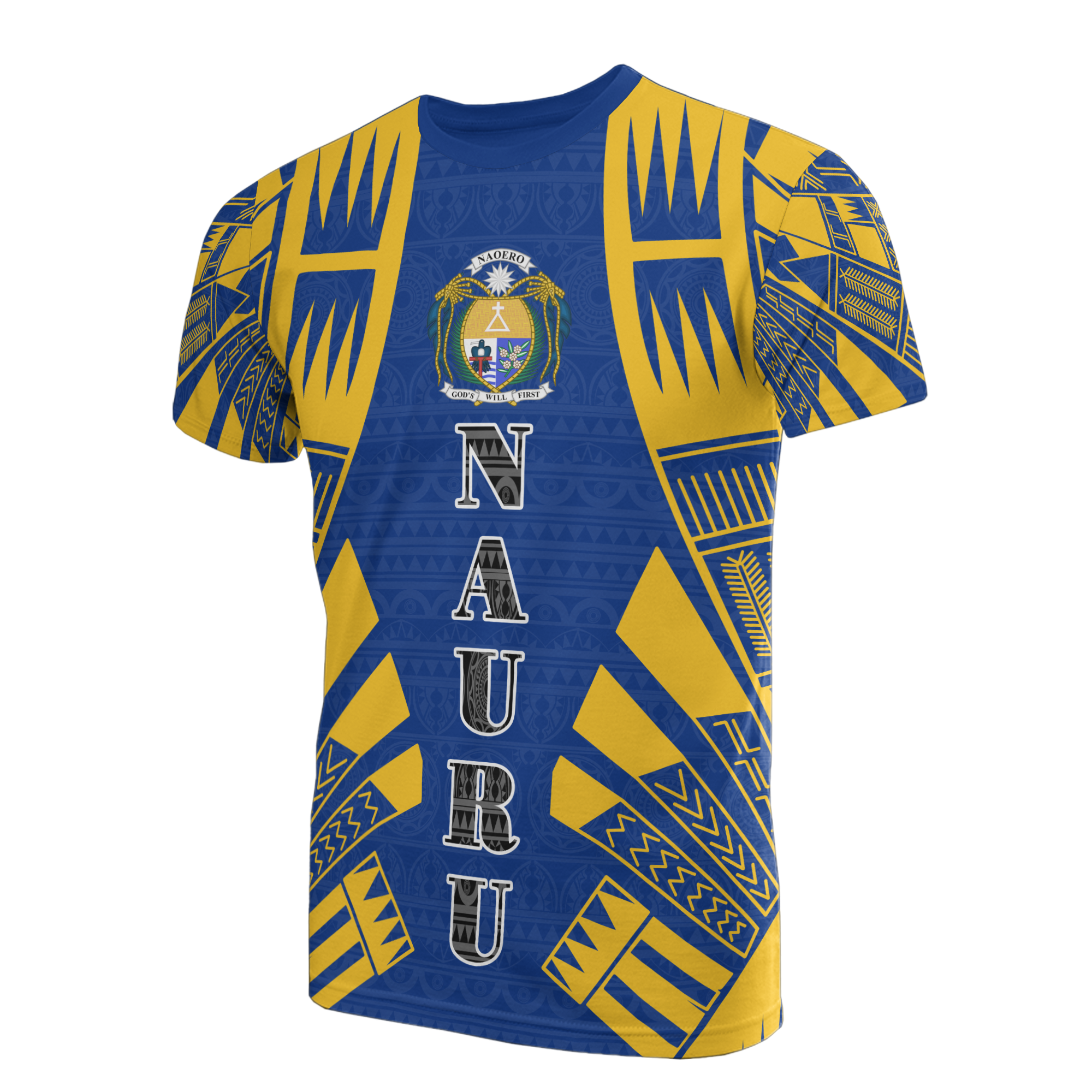 Nauru T Shirt Nauru Coat Of Arms Polynesian Tattoo Blue Style Unisex Art - Polynesian Pride