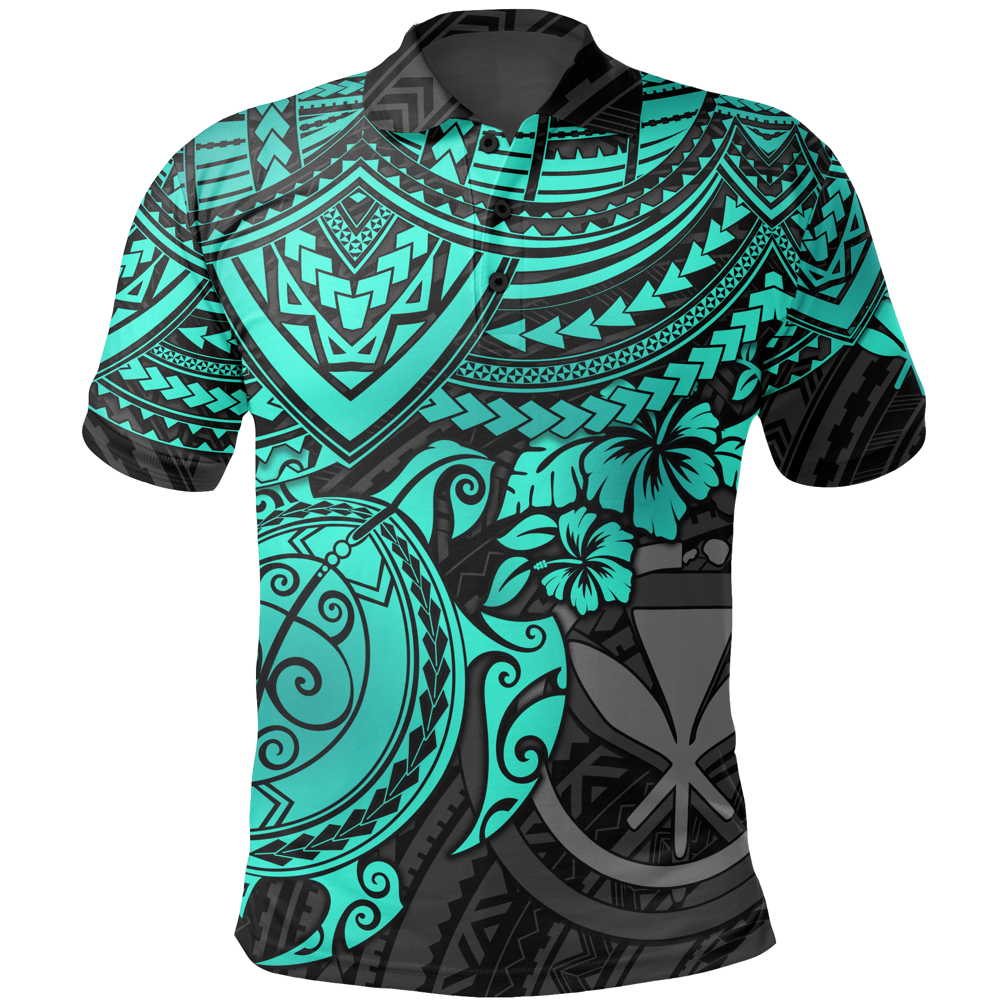 Hawaii Polo Shirt Kanaka Maoli Turquoise Turtle Hibiscus Unisex BLUE - Polynesian Pride