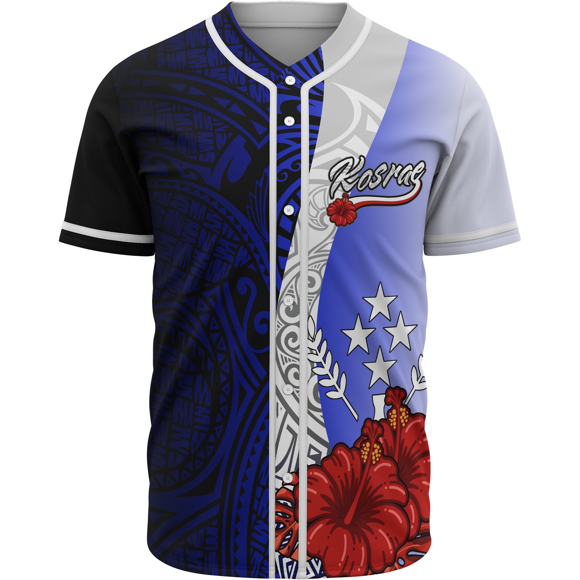 Kosrae Polynesian Baseball Shirt - Coat Of Arm With Hibiscus Blue Unisex Blue - Polynesian Pride