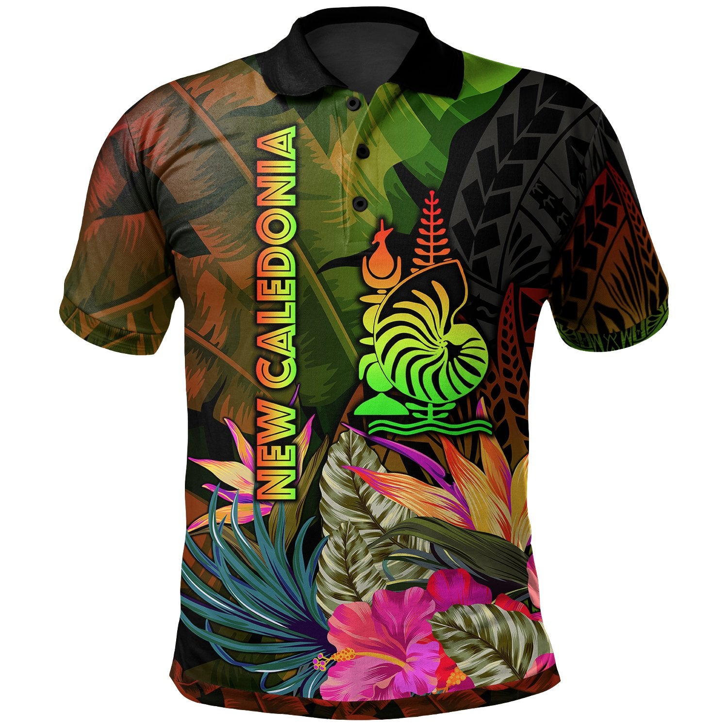 New Caledonia Polynesian Polo Hibiscus and Banana Leaves Unisex Reggae - Polynesian Pride