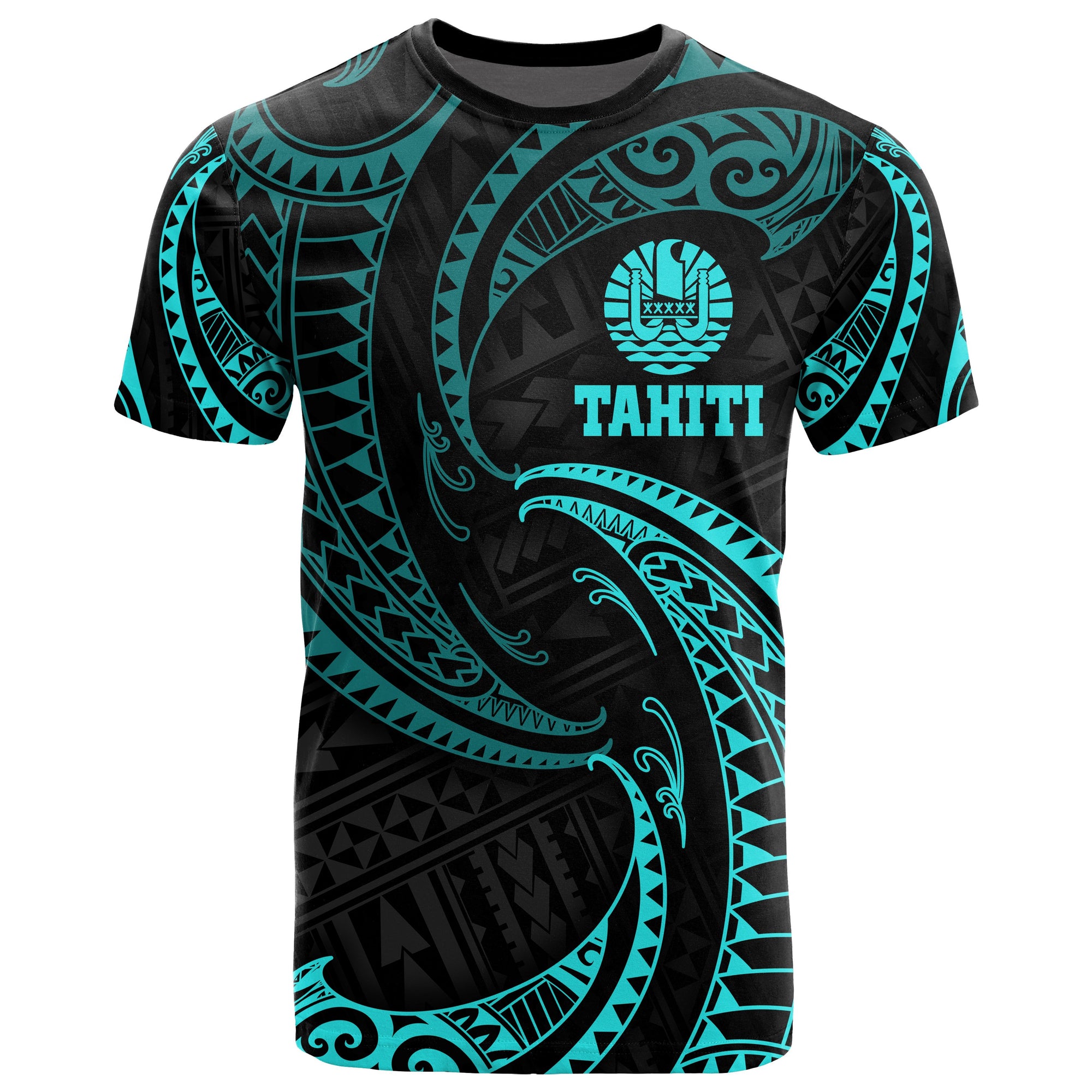 Tahiti Polynesian All Over T Shirt Neon Blue Tribal Wave Unisex Neon Blue - Polynesian Pride