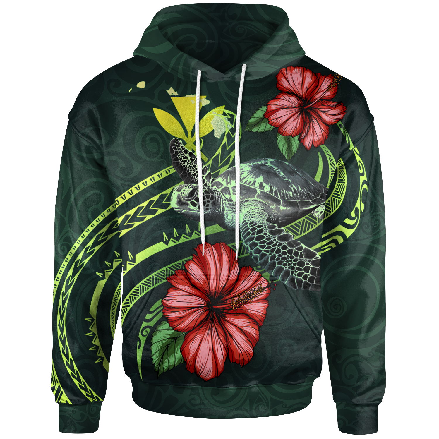 Hawaii Polynesian Hoodie Green Turtle Hibiscus Unisex Green - Polynesian Pride