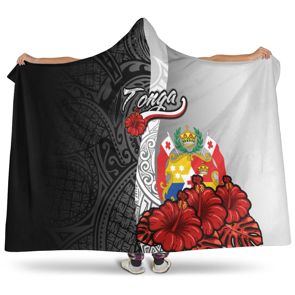 Tonga Polynesian Hooded Blanket - Coat Of Arm With Hibiscus White Hooded Blanket White - Polynesian Pride