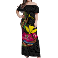 Hawaii Polynesian Fish Hook Hibiscus Women Off Shoulder Dress - LT12 Long Dress Black - Polynesian Pride