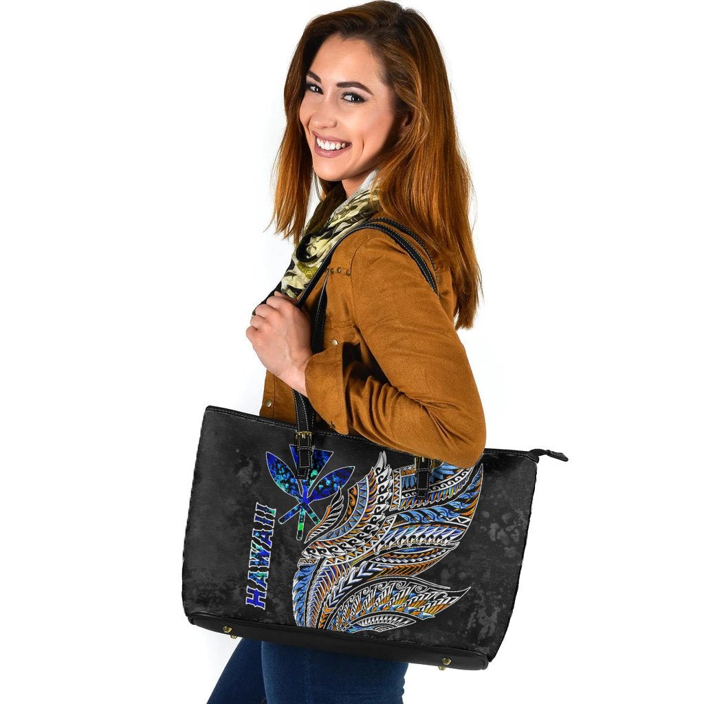 Polynesian Hawaii Leather Tote Bag - Polynesian Wings Black - Polynesian Pride