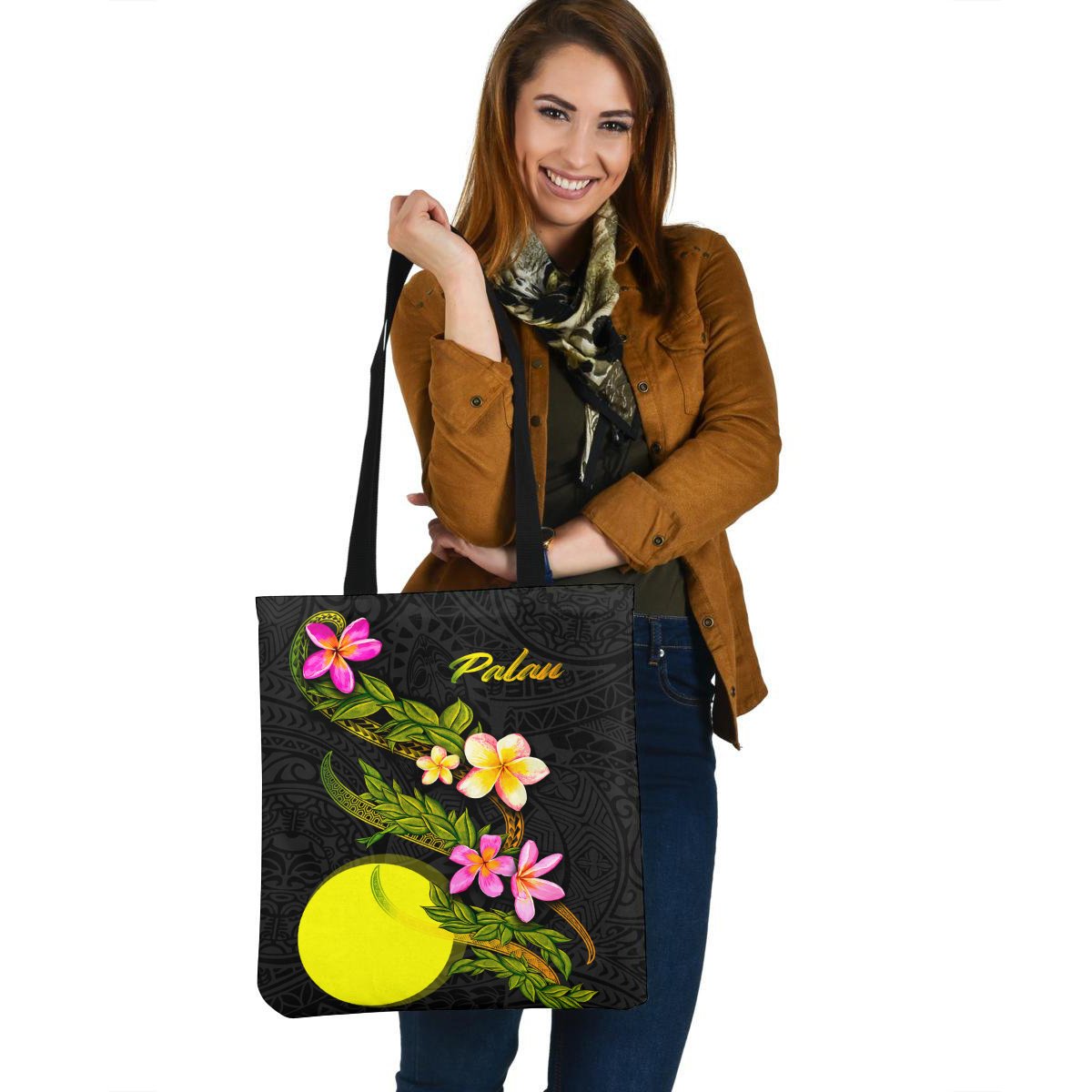 Palau Polynesian Tote Bag - Plumeria Tribal Tote Bag One Size Black - Polynesian Pride