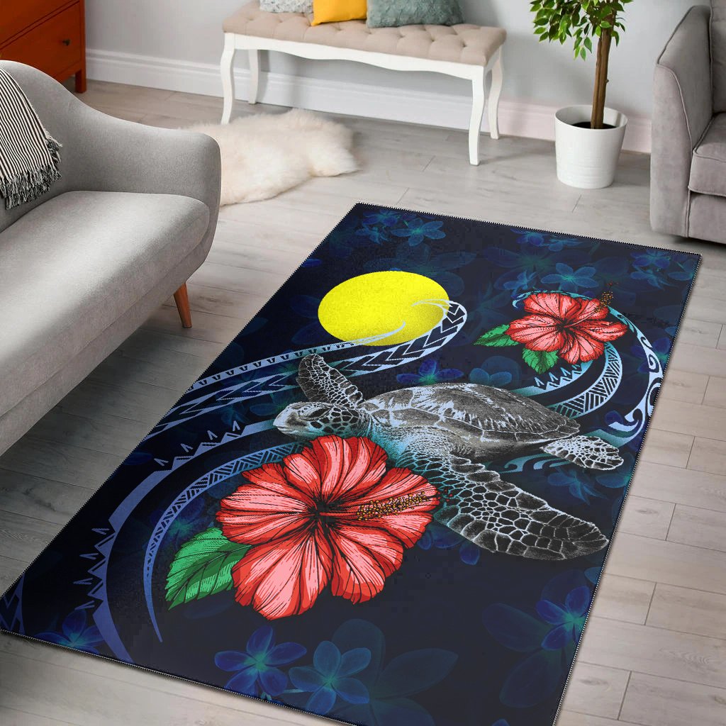 Palau Polynesian Area Rug - Blue Turtle Hibiscus Blue - Polynesian Pride