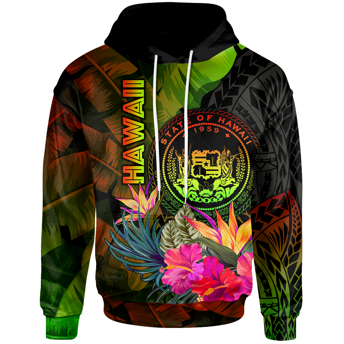 Polynesian Hawaii Polynesian Hoodie Hibiscus and Banana Leaves Unisex Reggae - Polynesian Pride
