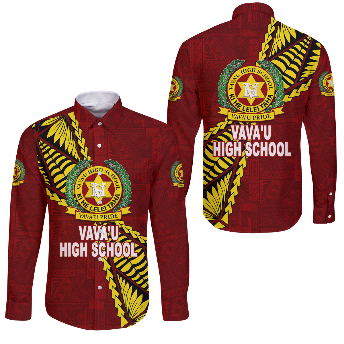 Tonga Vava'u High School Tongan Patterns Long Sleeve Button Shirt - LT12 Unisex Red - Polynesian Pride