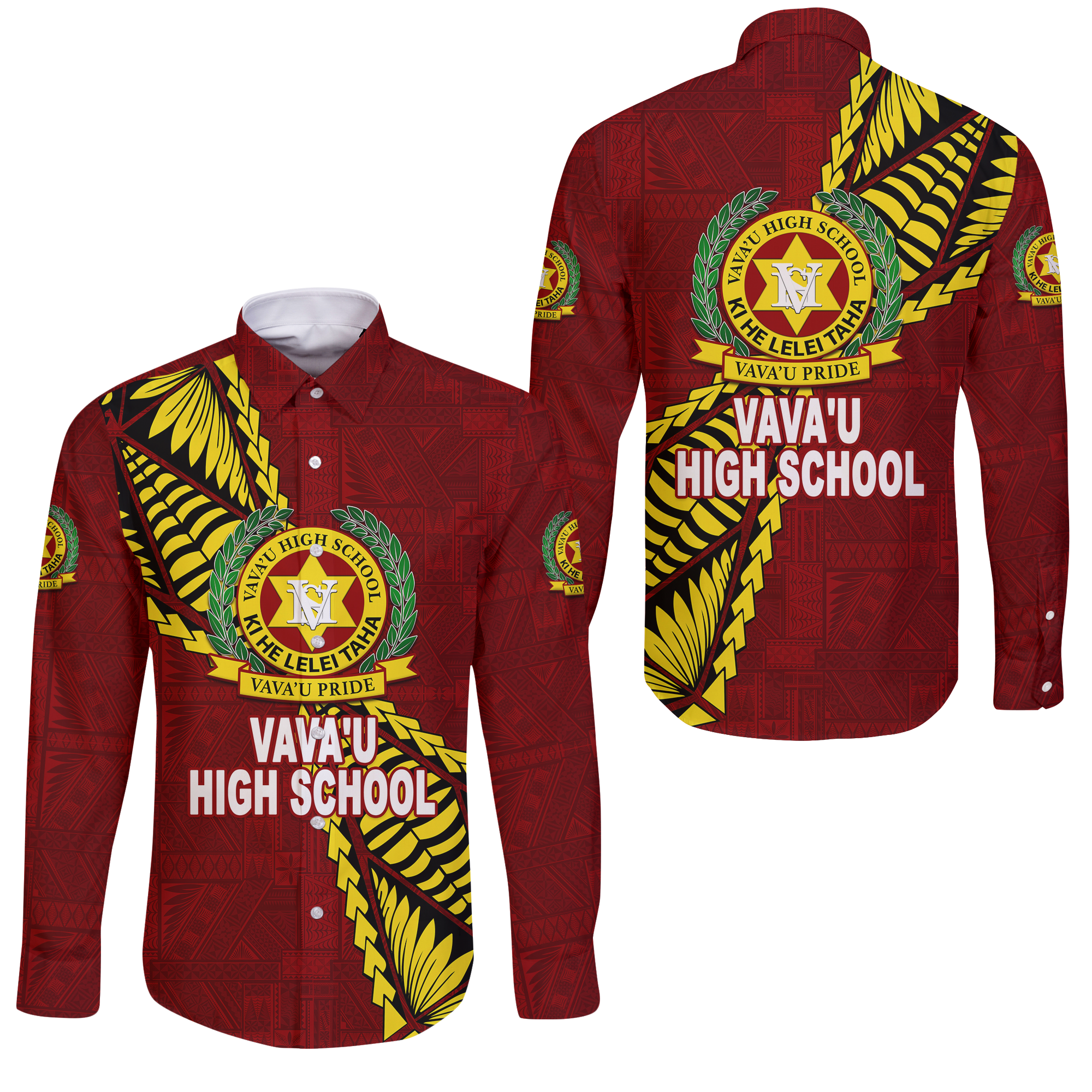 Tonga Vava'u High School Tongan Patterns Long Sleeve Button Shirt - LT12 Unisex Red - Polynesian Pride