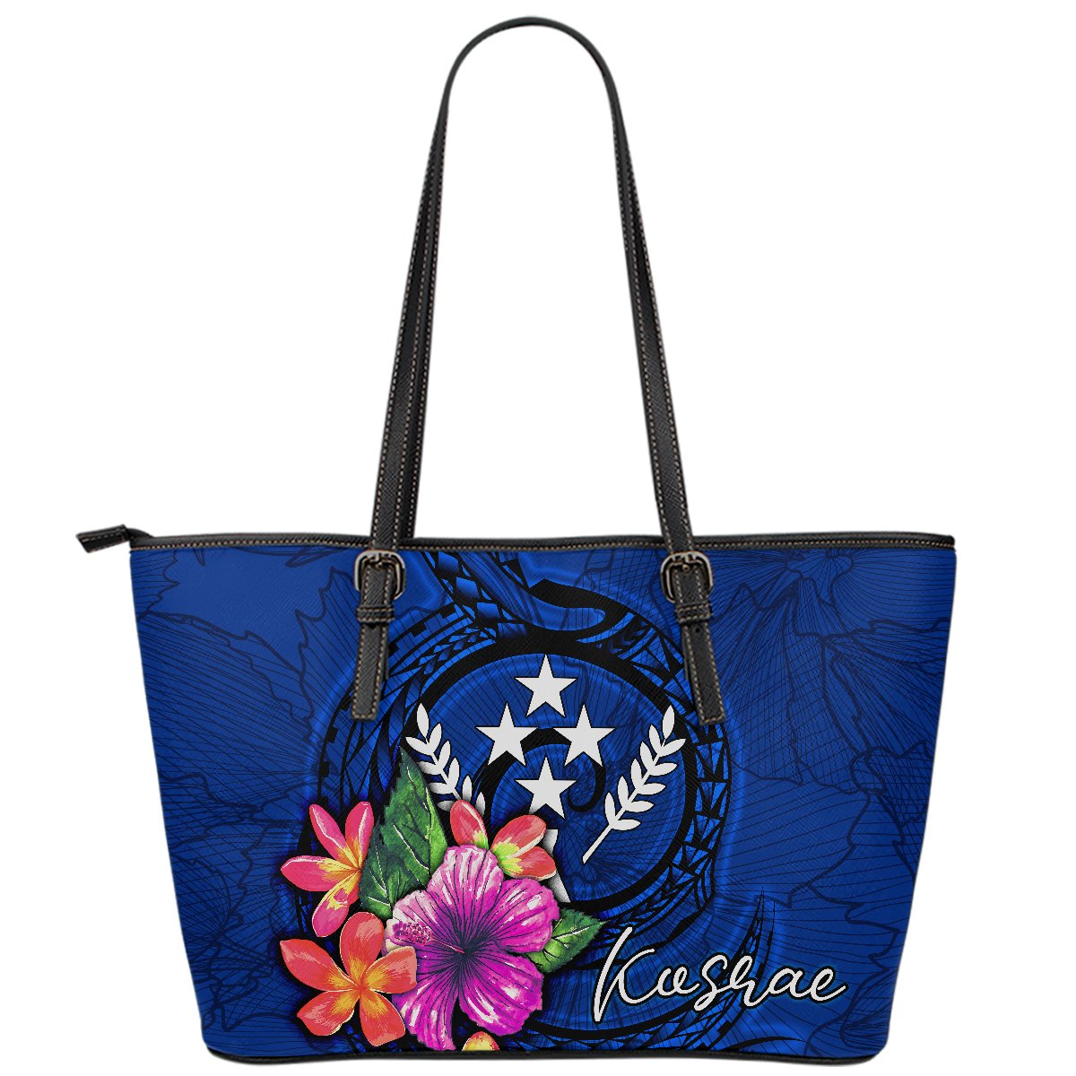 Kosrae Micronesia Leather Tote Bag - Floral With Seal Blue Blue - Polynesian Pride