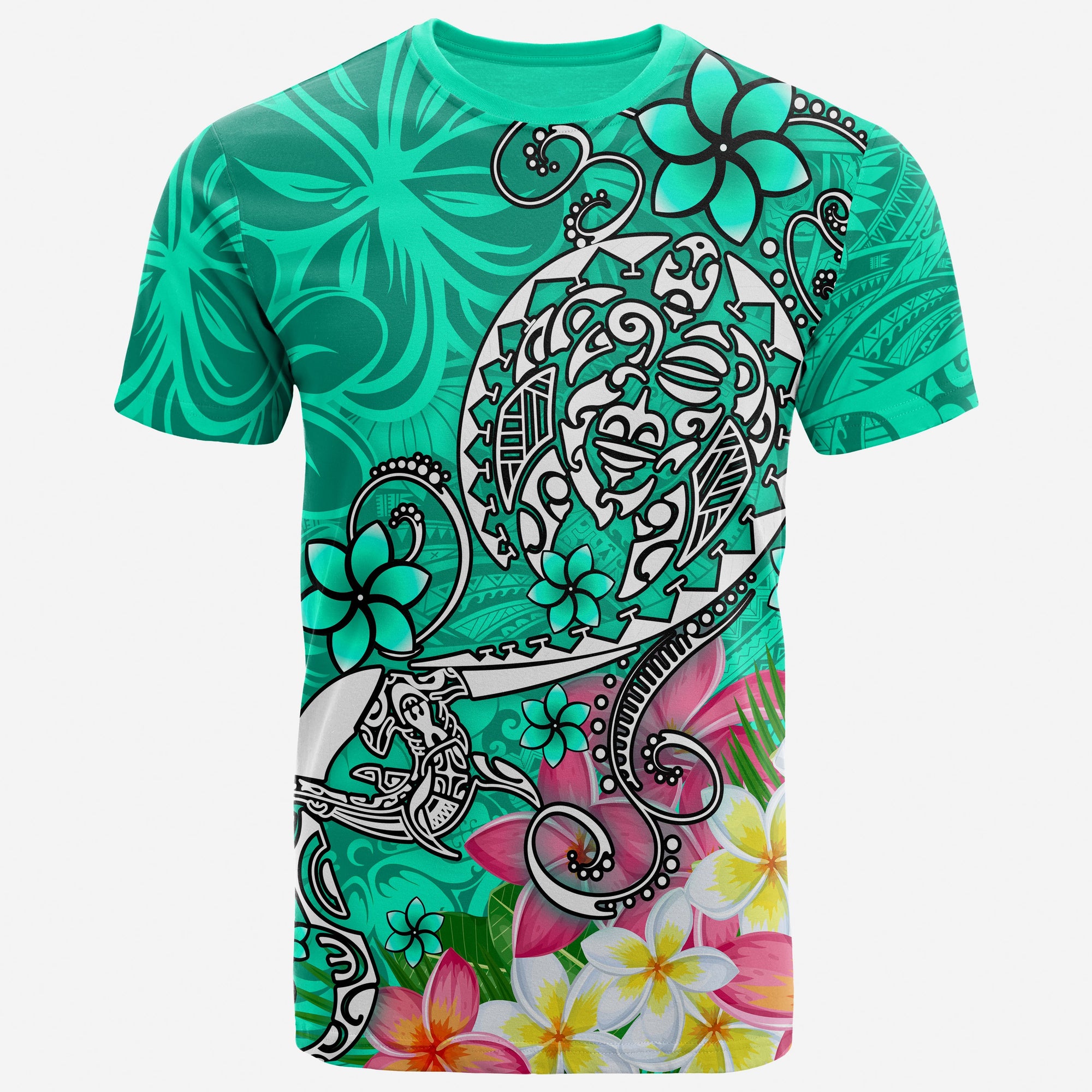 Polynesian T shirt Turtle Plumeria Turquoise Color Unisex Turquoise - Polynesian Pride