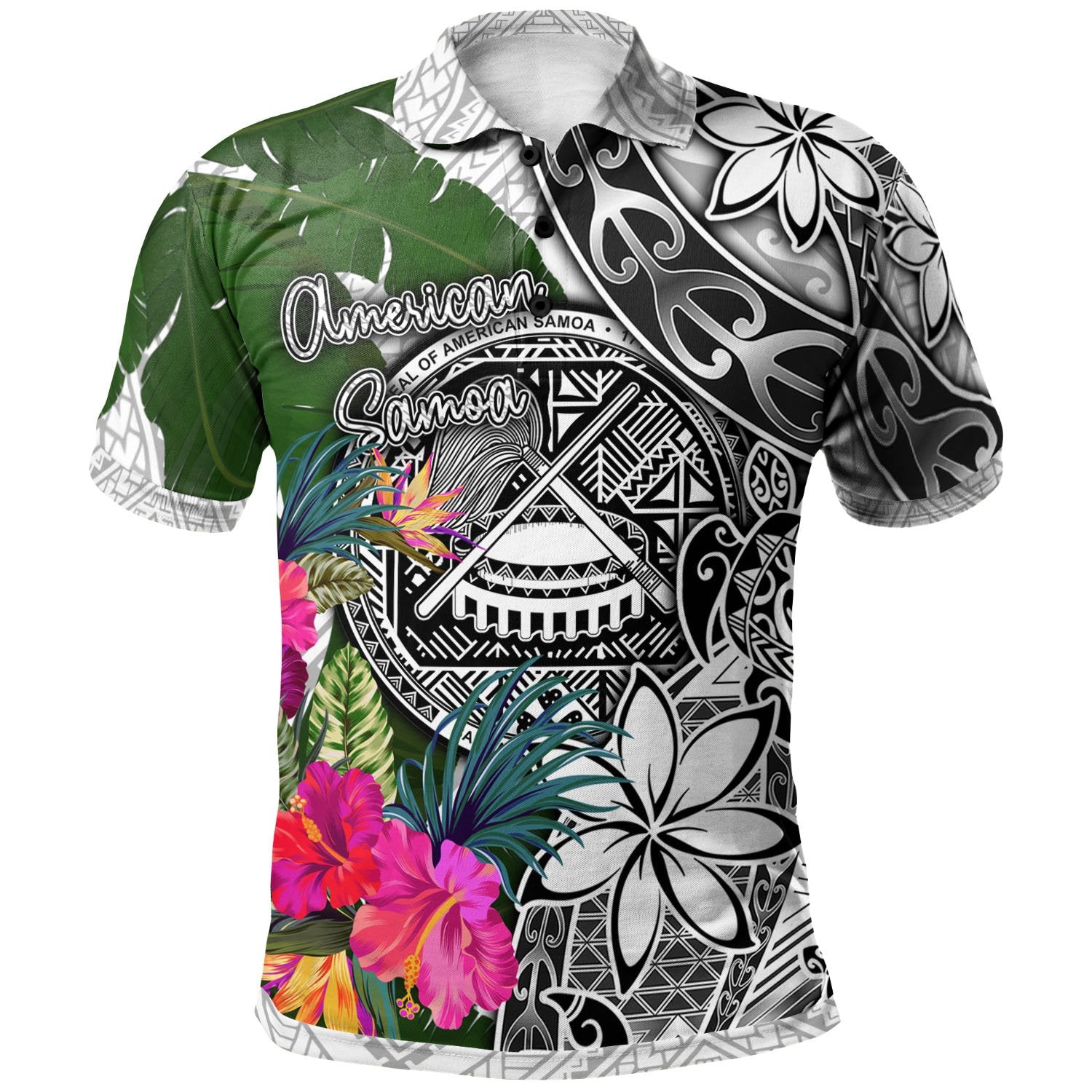 American Samoa Polo Shirt White Turtle Plumeria Banana Leaf Unisex White - Polynesian Pride