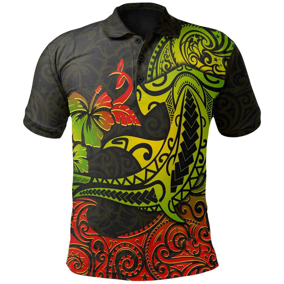 Hawaii Polo Shirt Polynesian Hammerhead Shark Hibiscus Unisex BLACK - Polynesian Pride