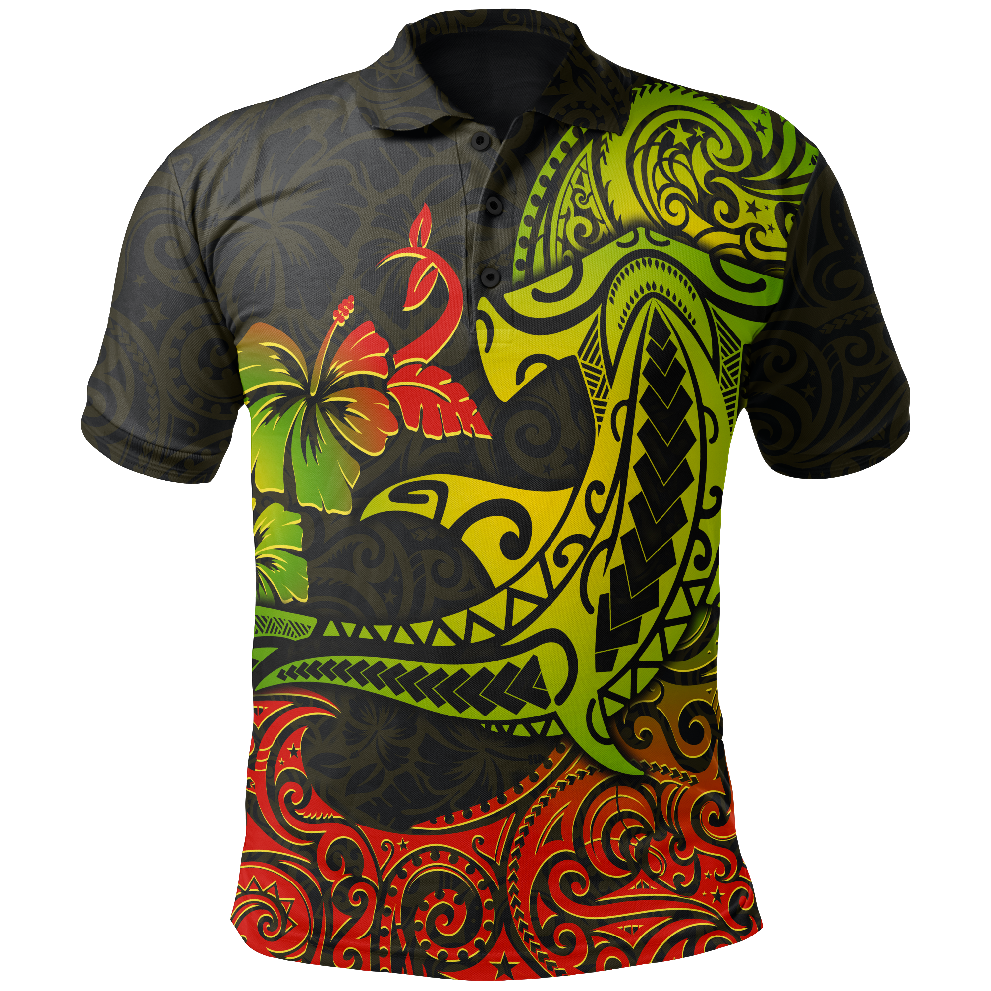 Hawaii Polo Shirt Polynesian Hammerhead Shark Hibiscus Unisex BLACK - Polynesian Pride