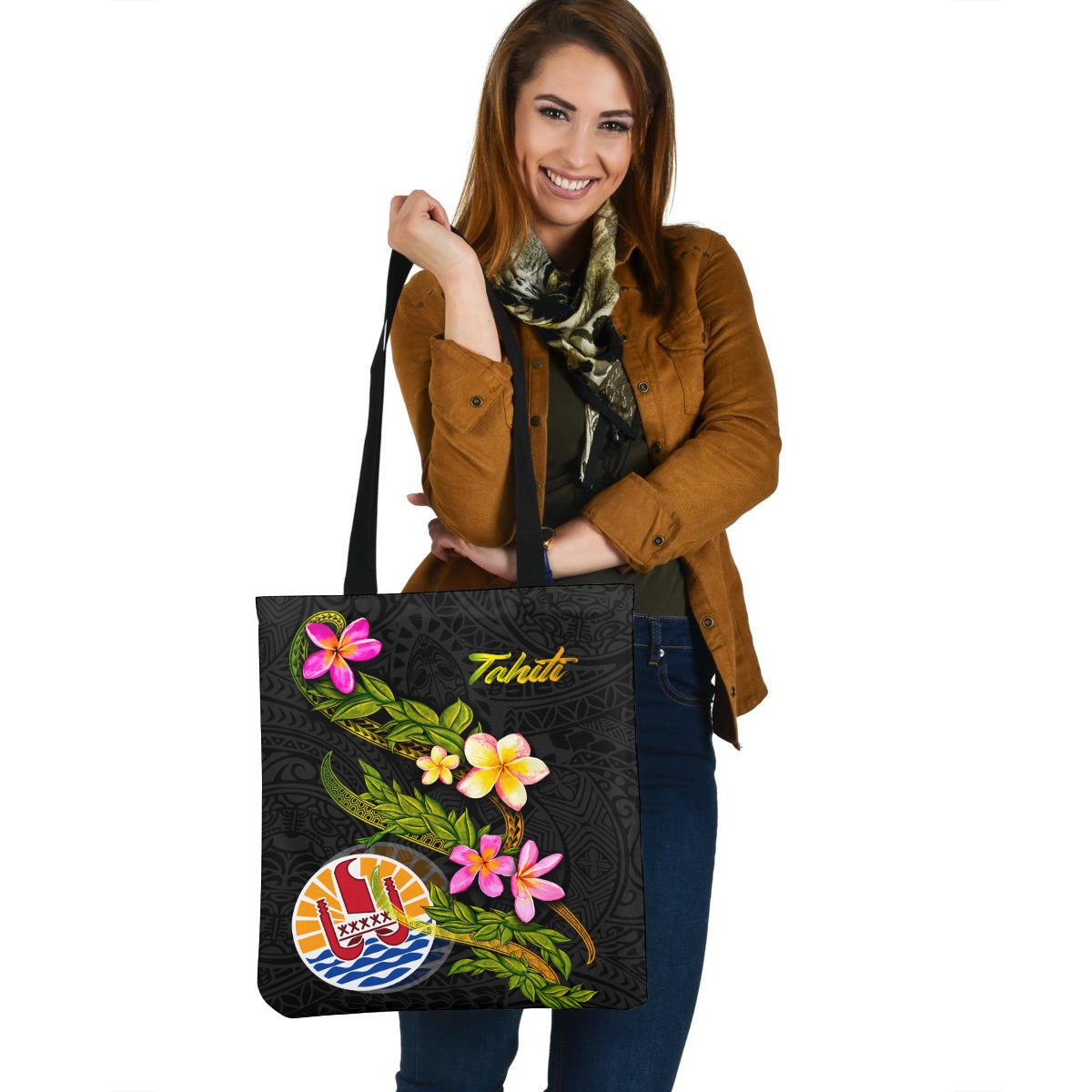Tahiti Polynesian Tote Bag - Plumeria Tribal Tote Bag One Size Black - Polynesian Pride