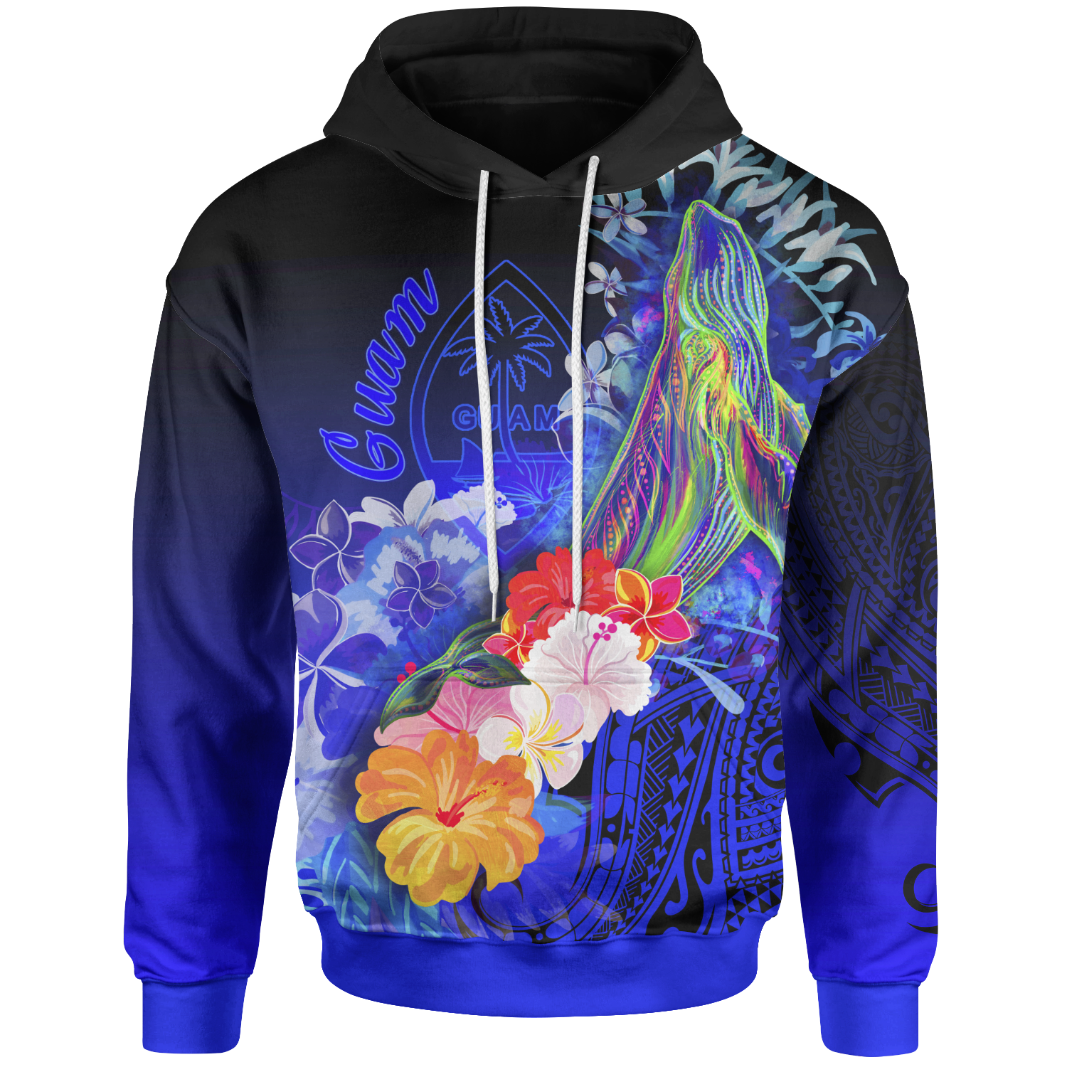 Guam Hoodie Humpback Whale with Tropical Flowers (Blue) Unisex Blue - Polynesian Pride