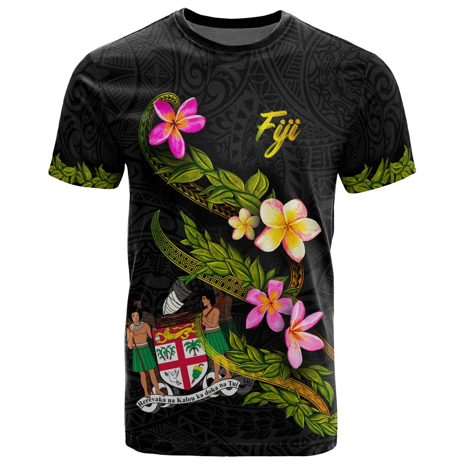 Fiji Polynesian T Shirt Plumeria Tribal Unisex Black - Polynesian Pride