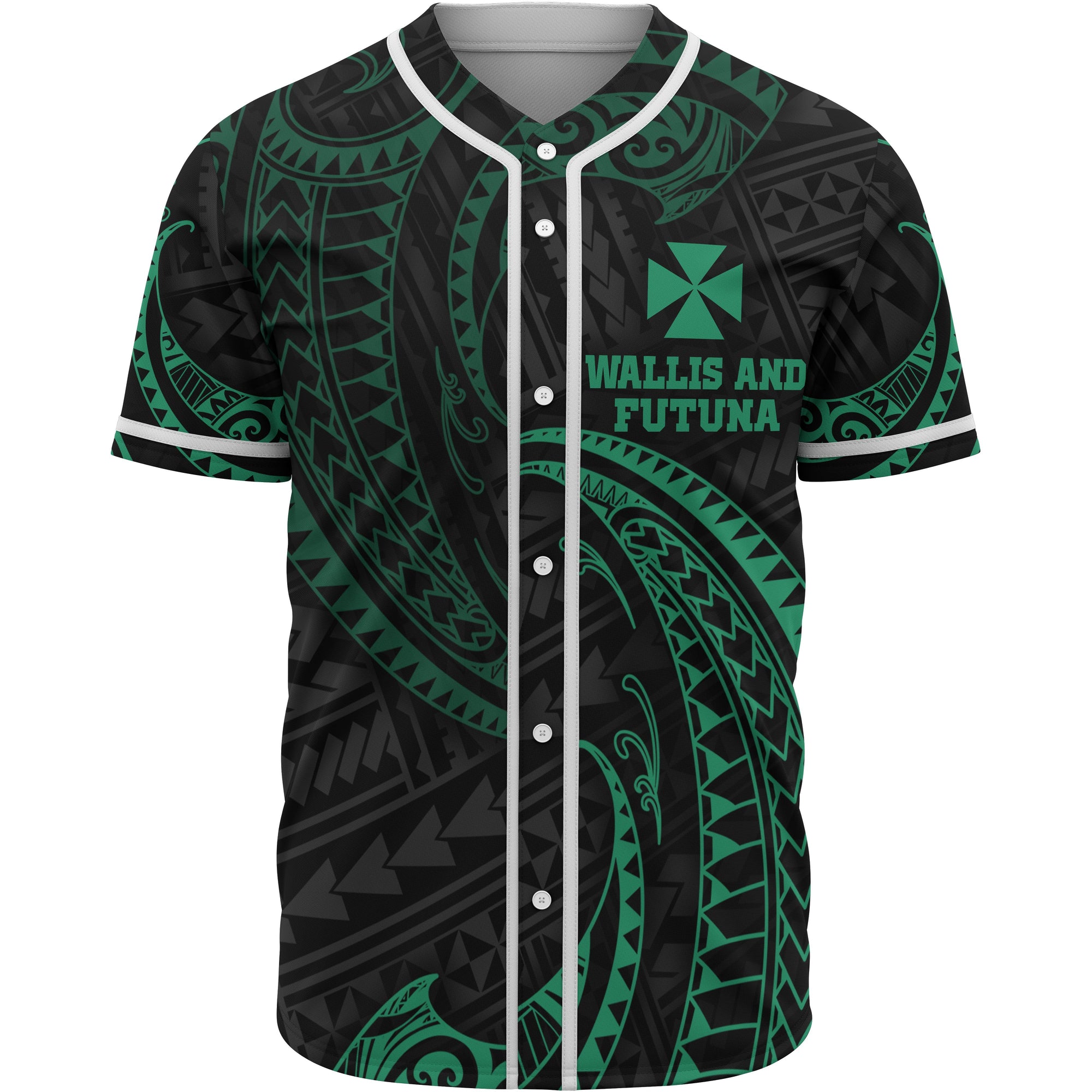 Wallis and Futuna Polynesian Baseball Shirt - Green Tribal Wave Unisex Green - Polynesian Pride