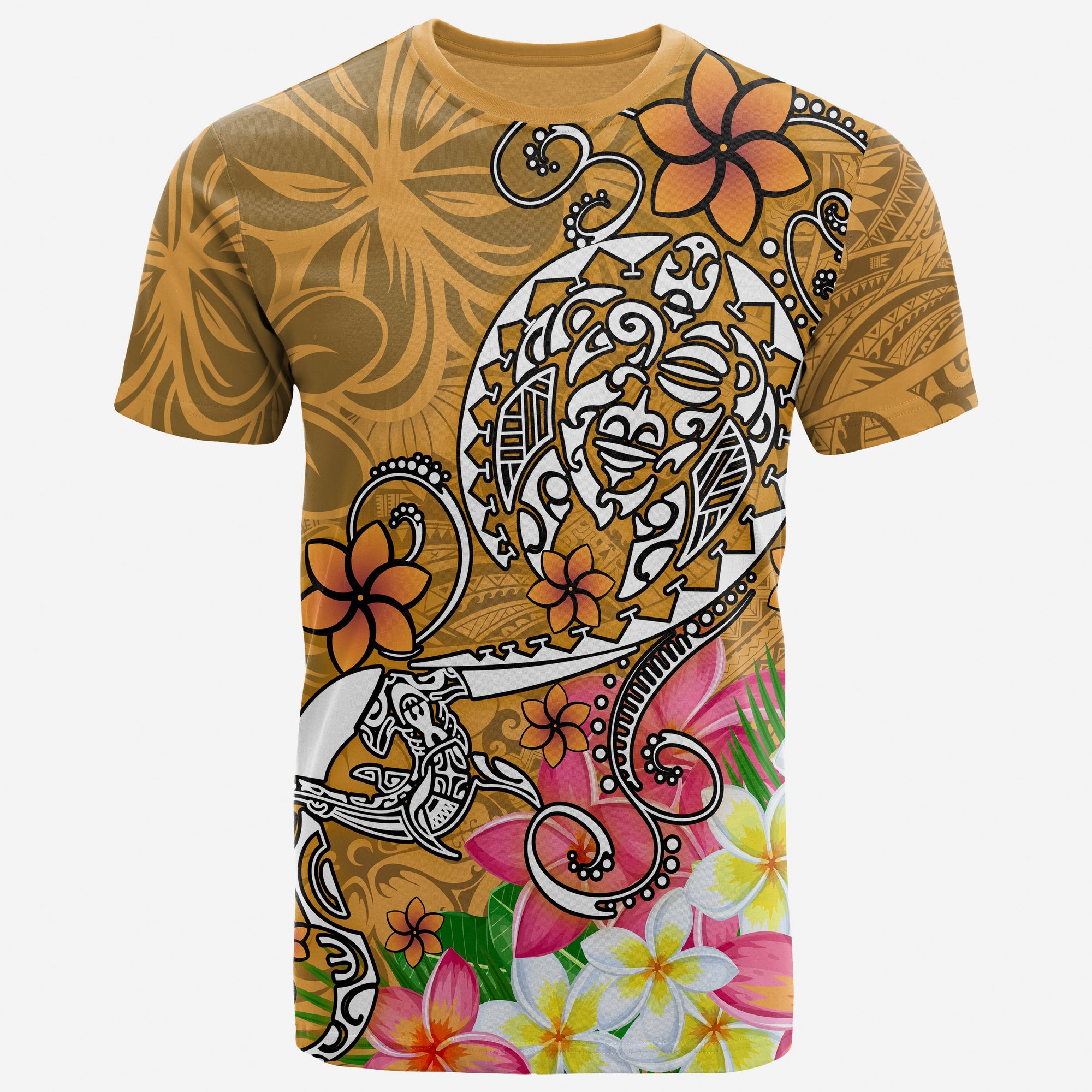 Polynesian T shirt Turtle Plumeria Gold Color Unisex Gold - Polynesian Pride