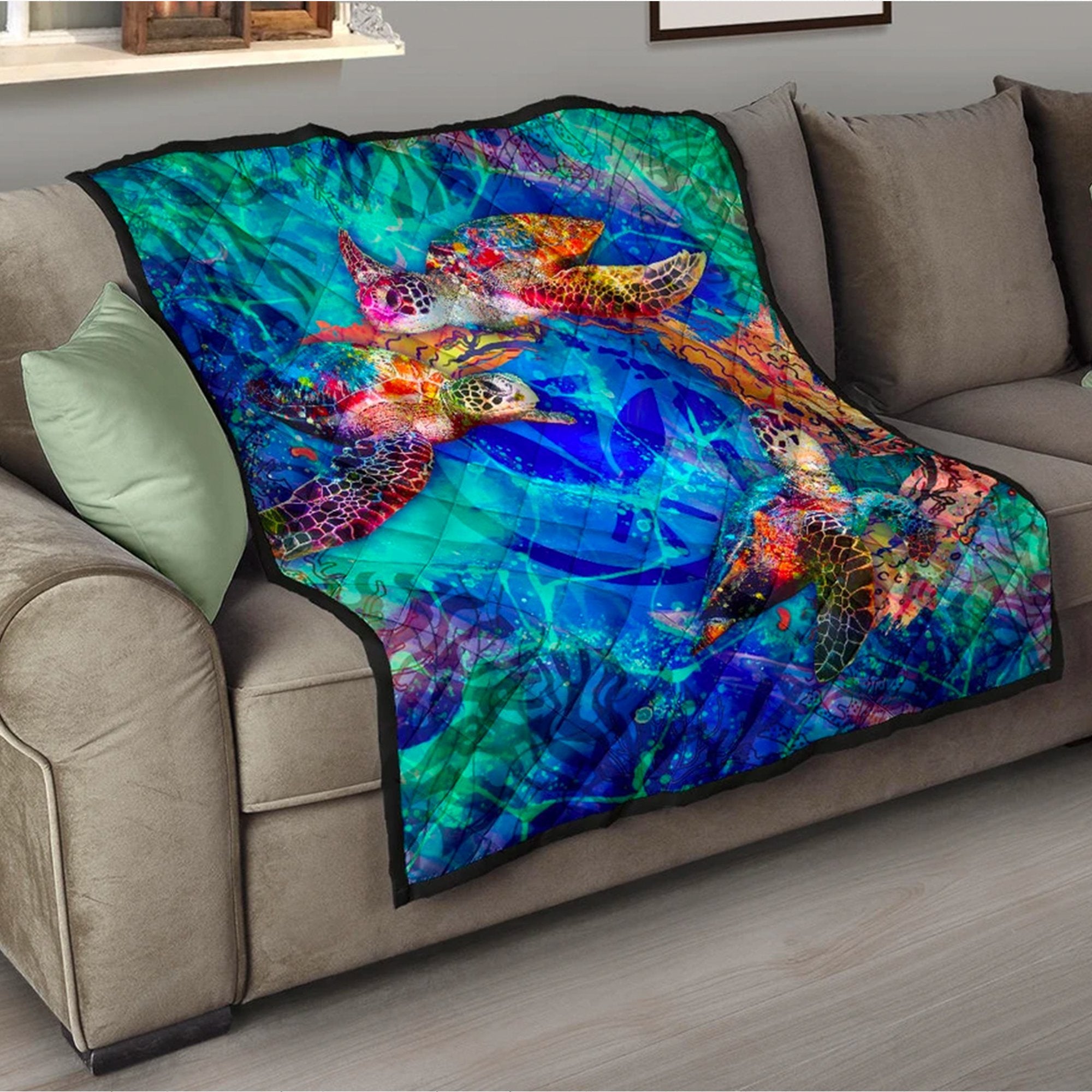 Hawaii Polynesian Premium Quilt - Kanaka Maoli Sea Turtle Coral Treasure BLUE - Polynesian Pride