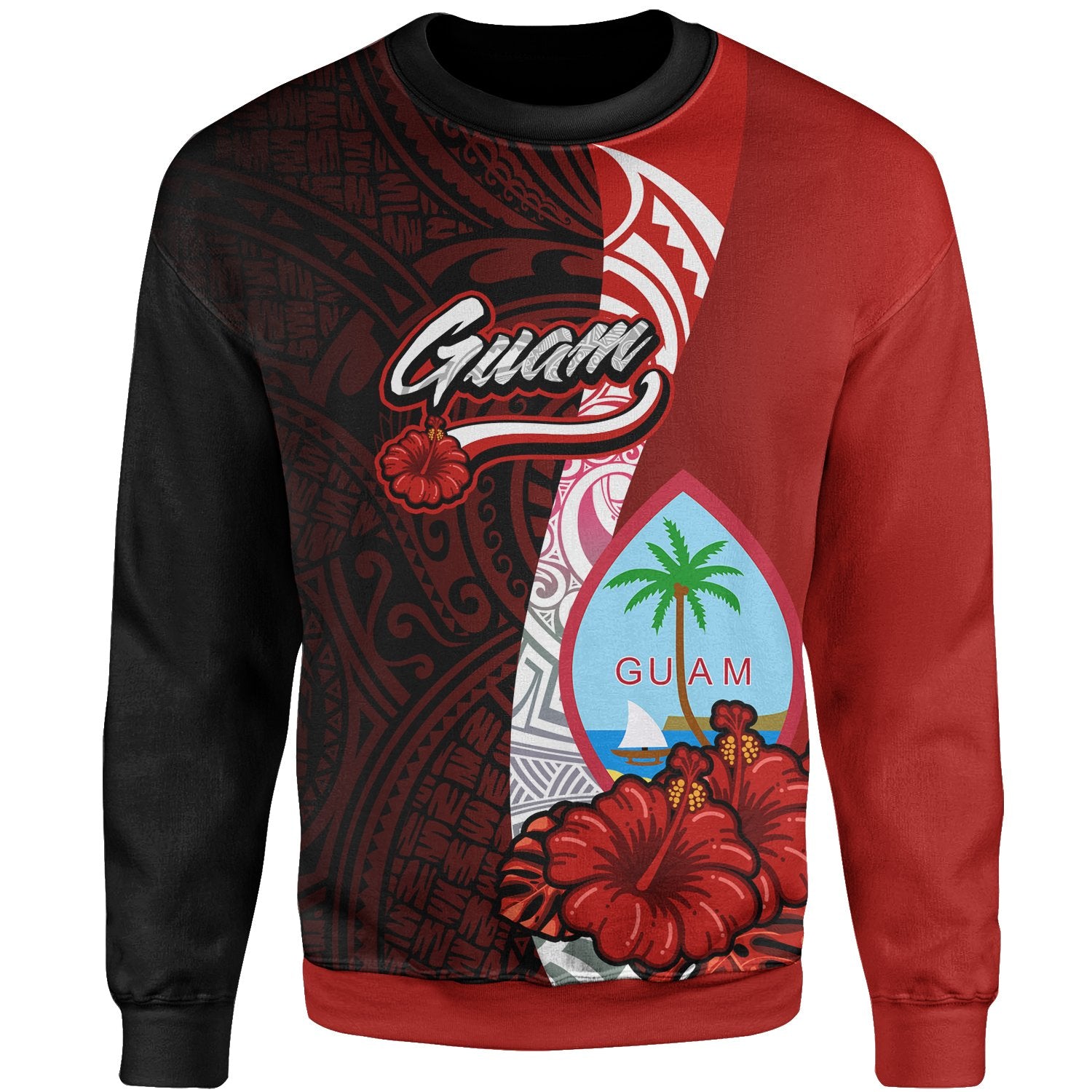 Guam Polynesian Sweater - Coat Of Arm With Hibiscus Unisex Red - Polynesian Pride