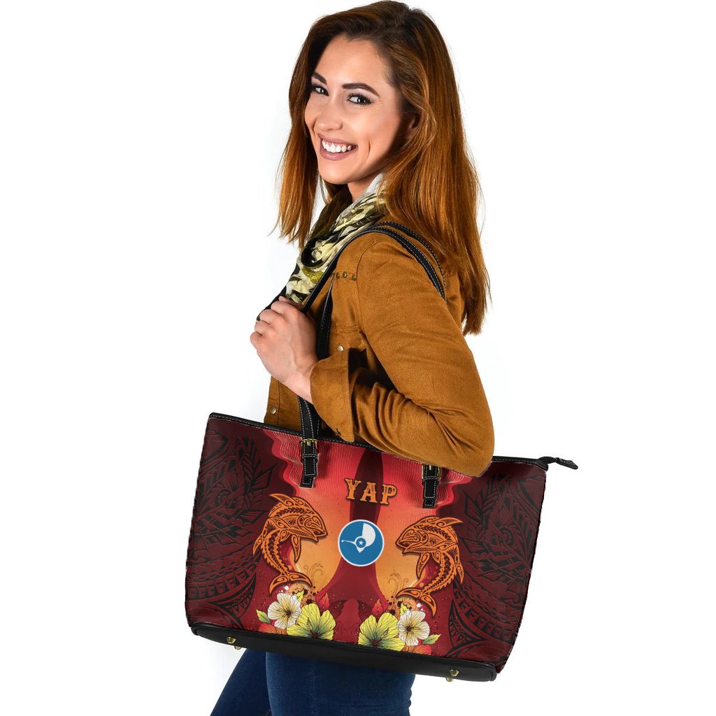 Yap Large Leather Tote - Tribal Tuna Fish Orange - Polynesian Pride