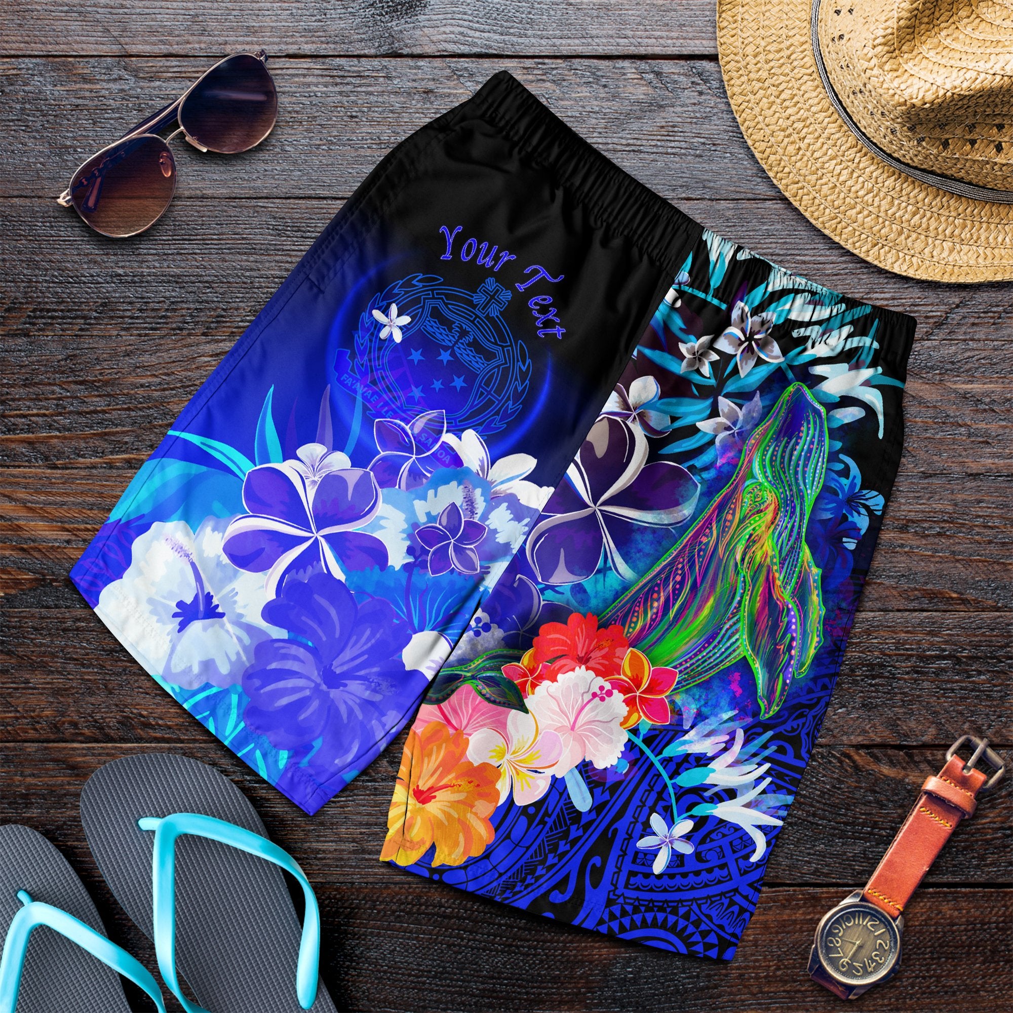 Custom Personalised Samoa Men's Shorts - Humpback Whale with Tropical Flowers (Blue) Blue - Polynesian Pride