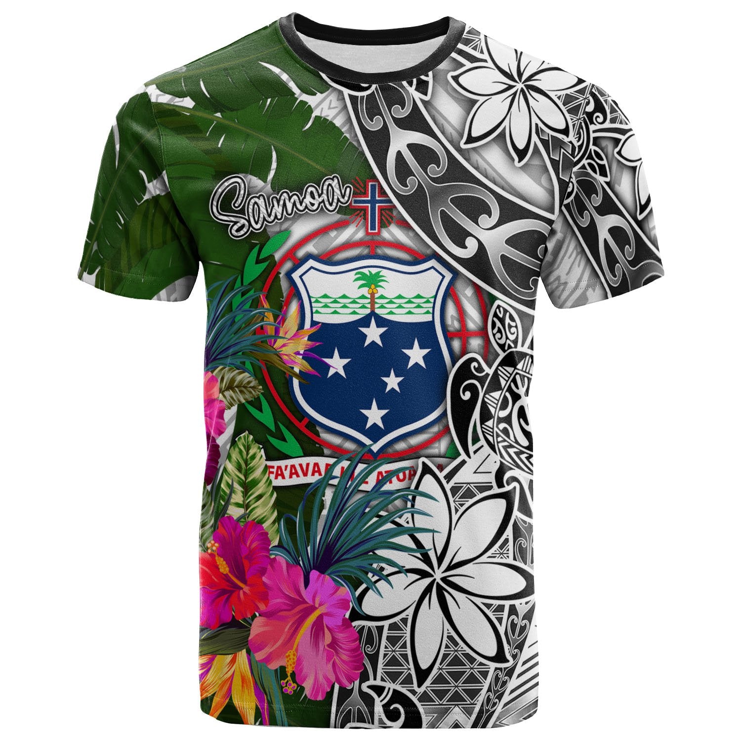 Samoa T Shirt White Turtle Plumeria Banana Leaf Unisex Art - Polynesian Pride