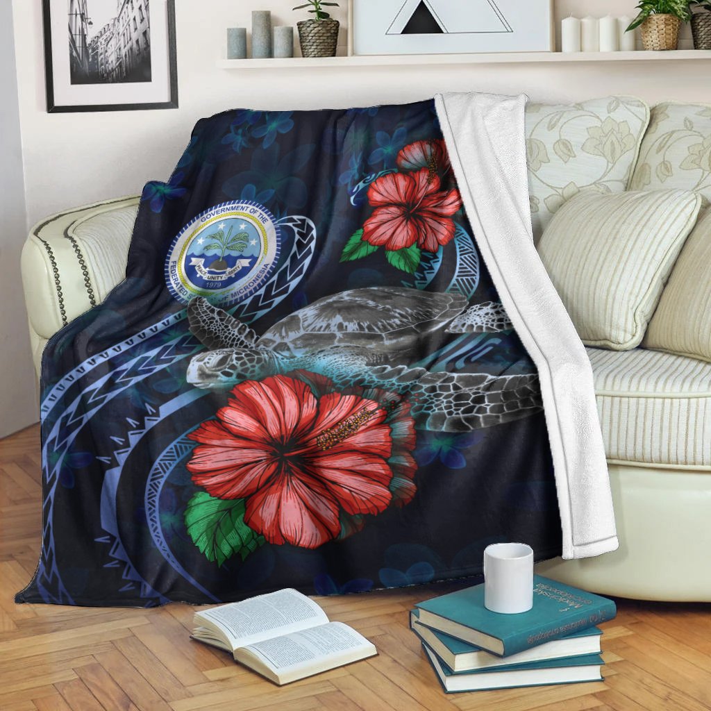 Federated States Of Micronesia Polynesian Premium Blanket - Blue Turtle Hibiscus White - Polynesian Pride