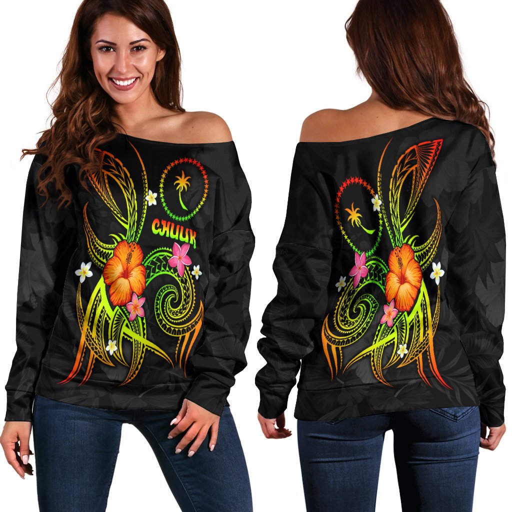 Chuuk Polynesian Women's Off Shoulder Sweater - Legend of Chuuk (Reggae) Art - Polynesian Pride