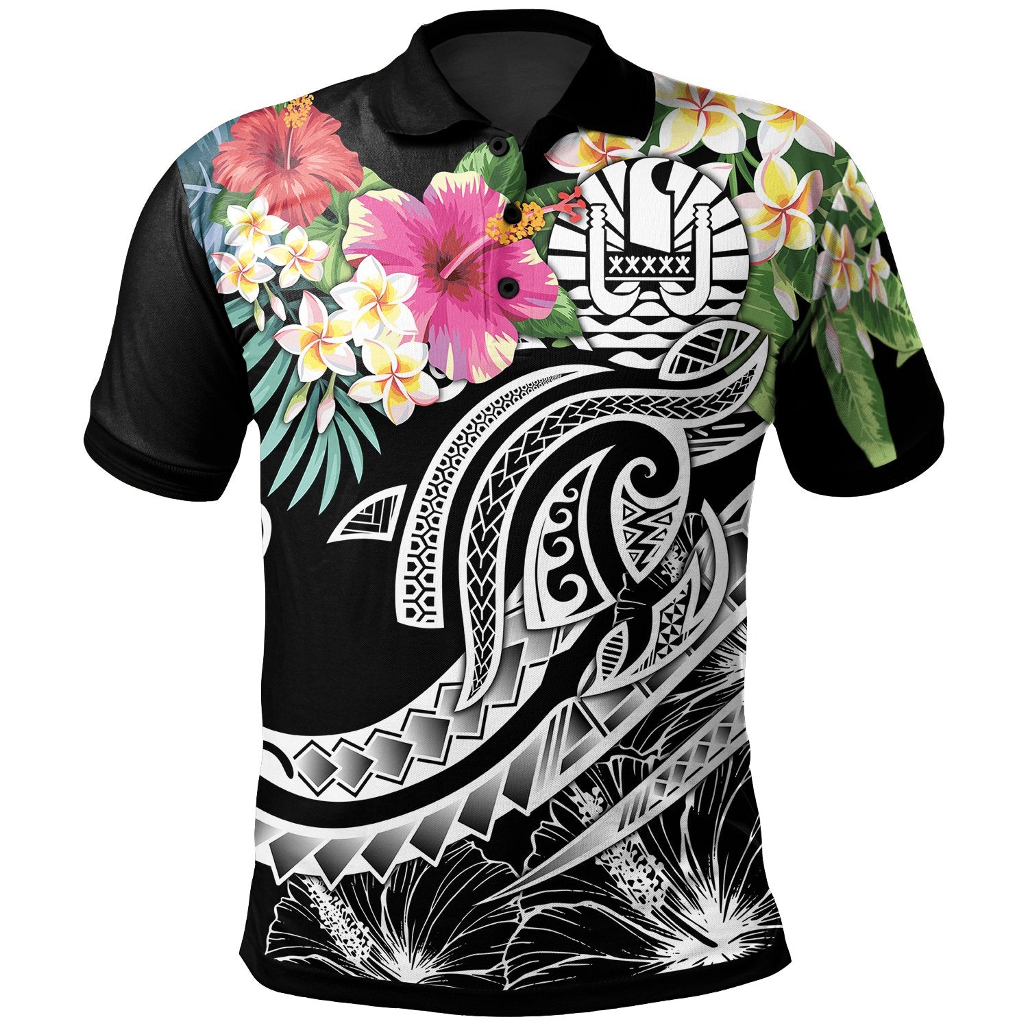 Tahiti Polynesian Polo Summer Plumeria (Black) Unisex Black - Polynesian Pride