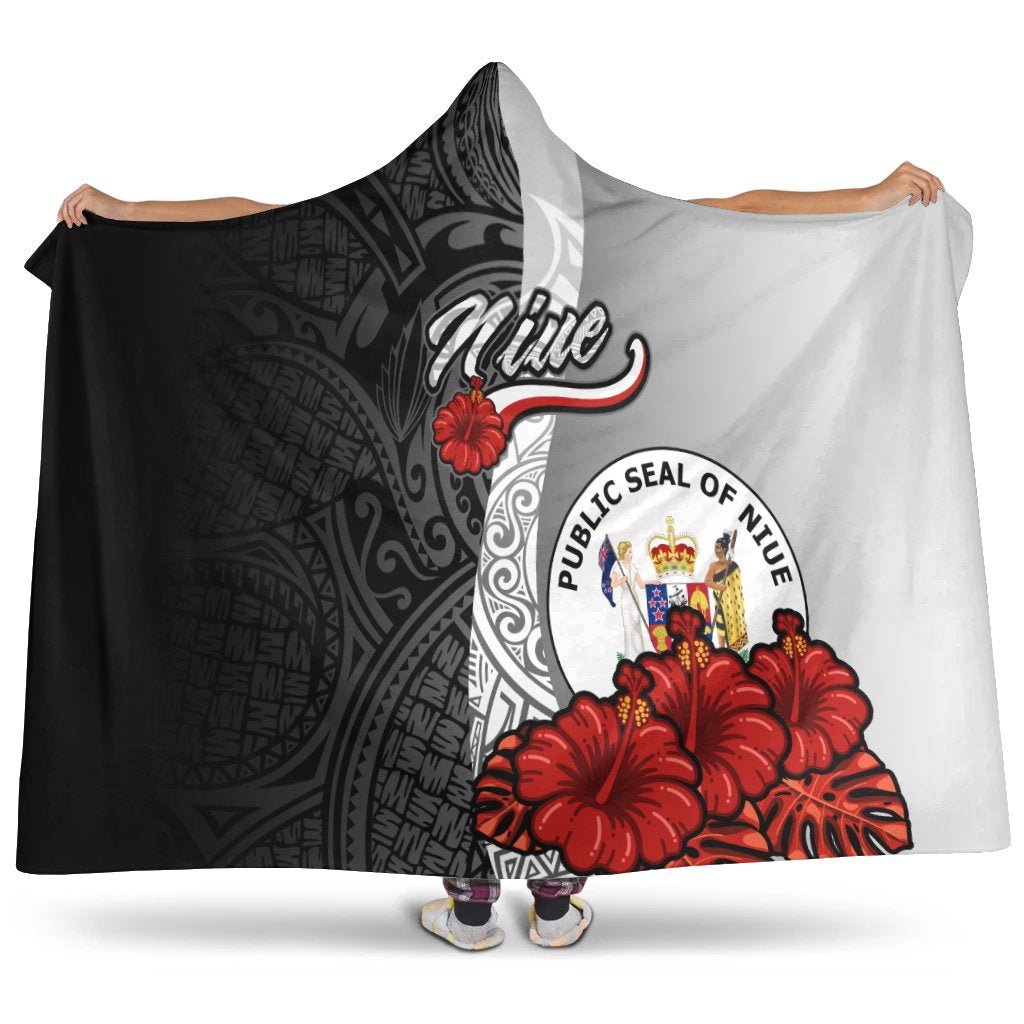 Niue Polynesian Hooded Blanket - Coat Of Arm With Hibiscus White Hooded Blanket White - Polynesian Pride