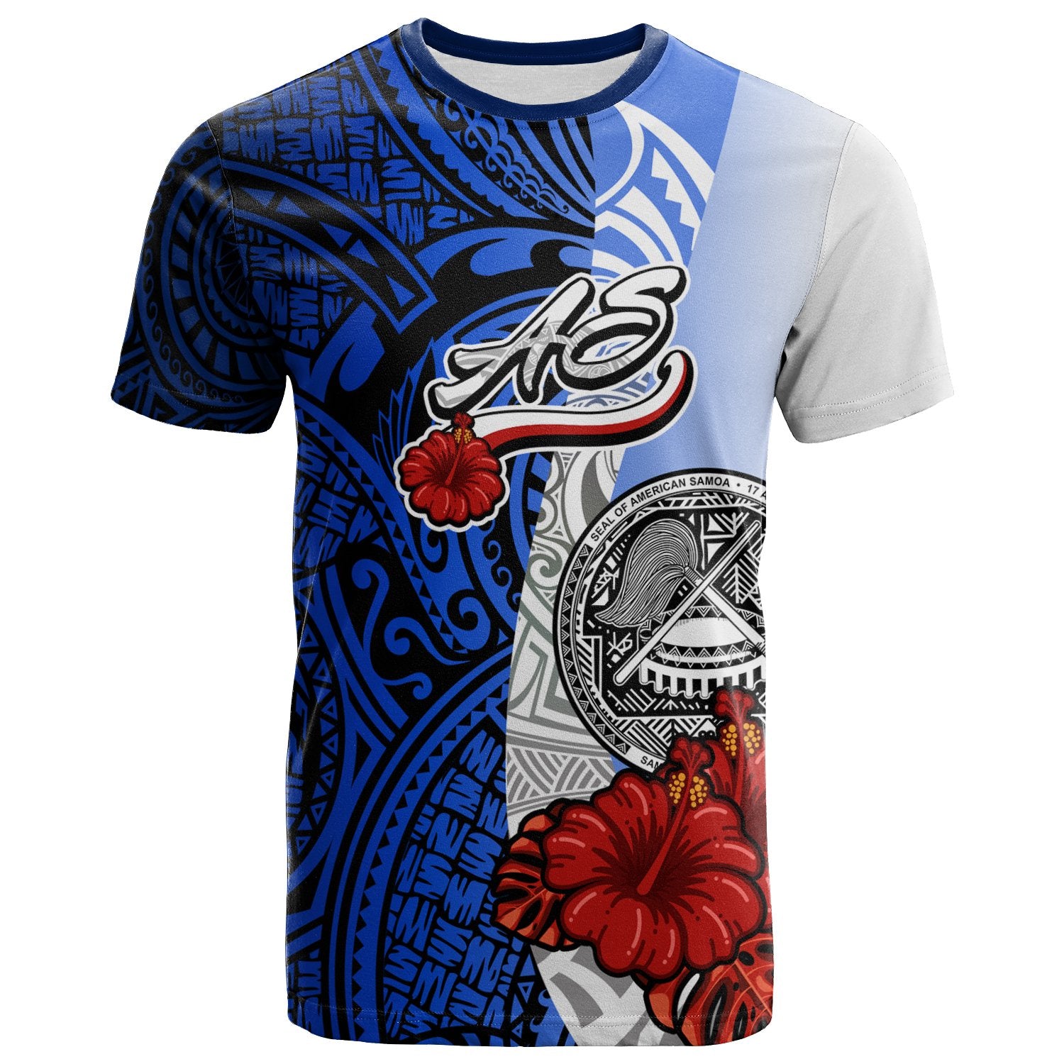 American Samoa Polynesian T Shirt Coat of Arm With Hibiscus Blue Unisex Blue - Polynesian Pride