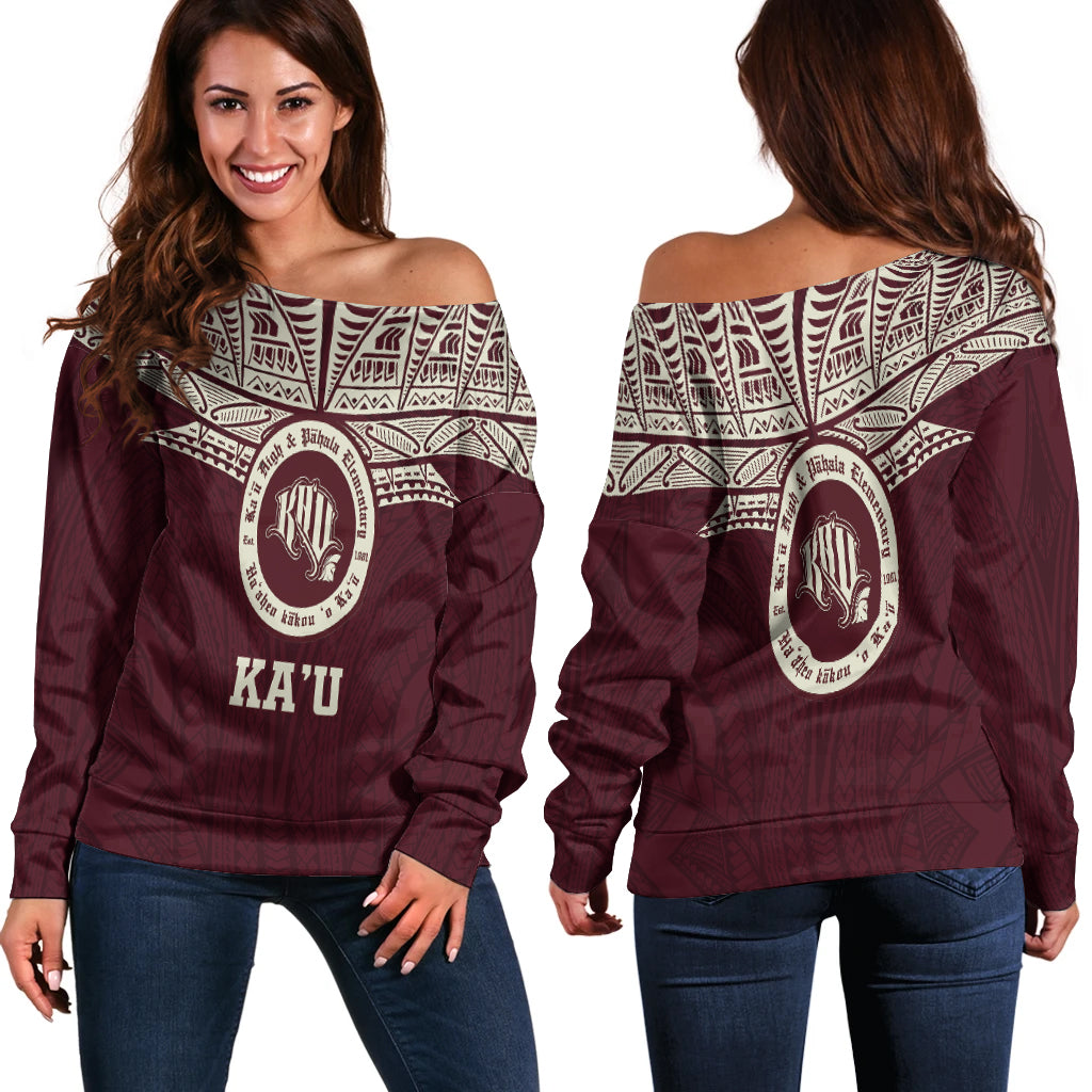 Hawaii Kau High & Pahala Elementary School Pride Women Off Shoulder Sweater - LT12 Red - Polynesian Pride