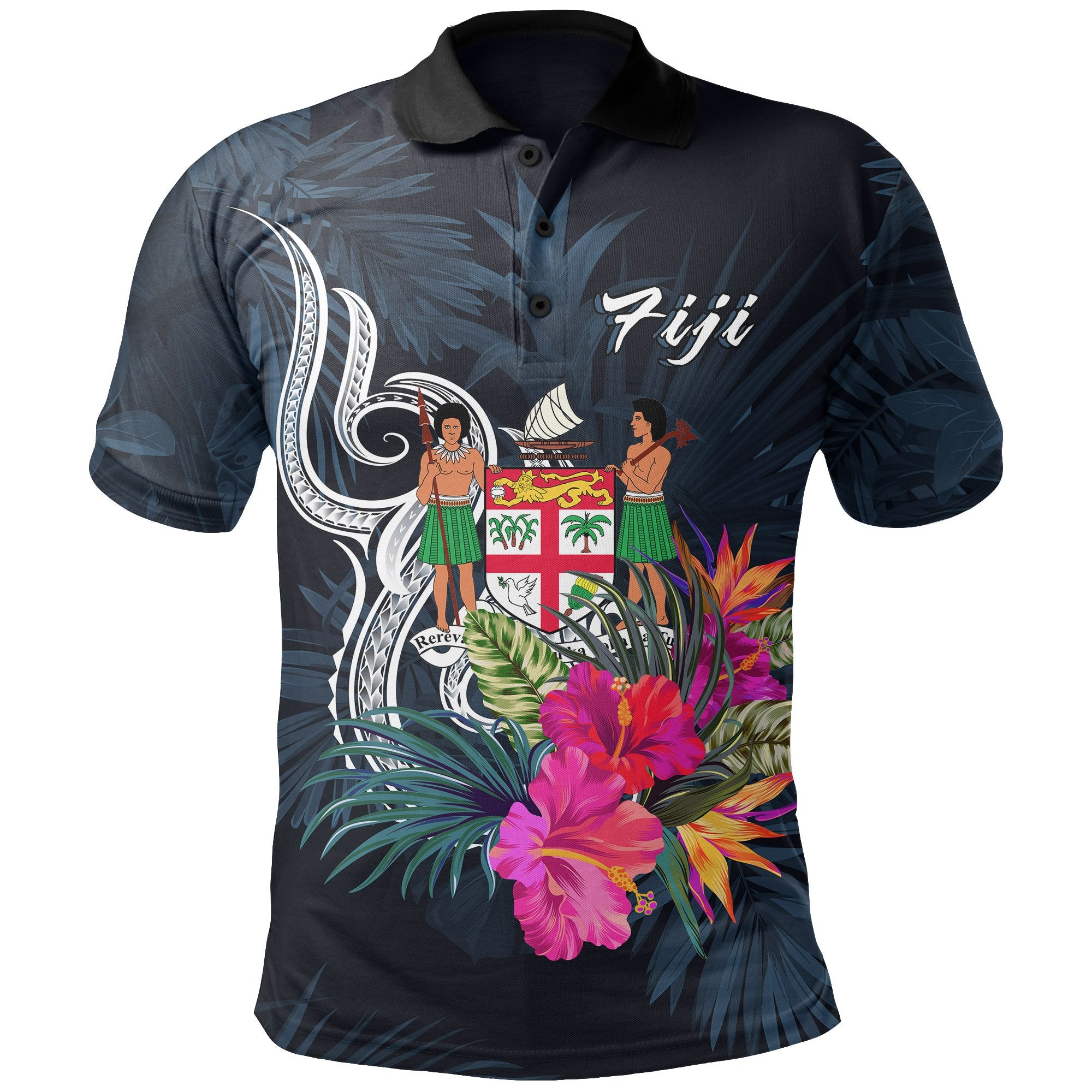 Fiji Polynesian Polo Shirt Tropical Flower Unisex Blue - Polynesian Pride