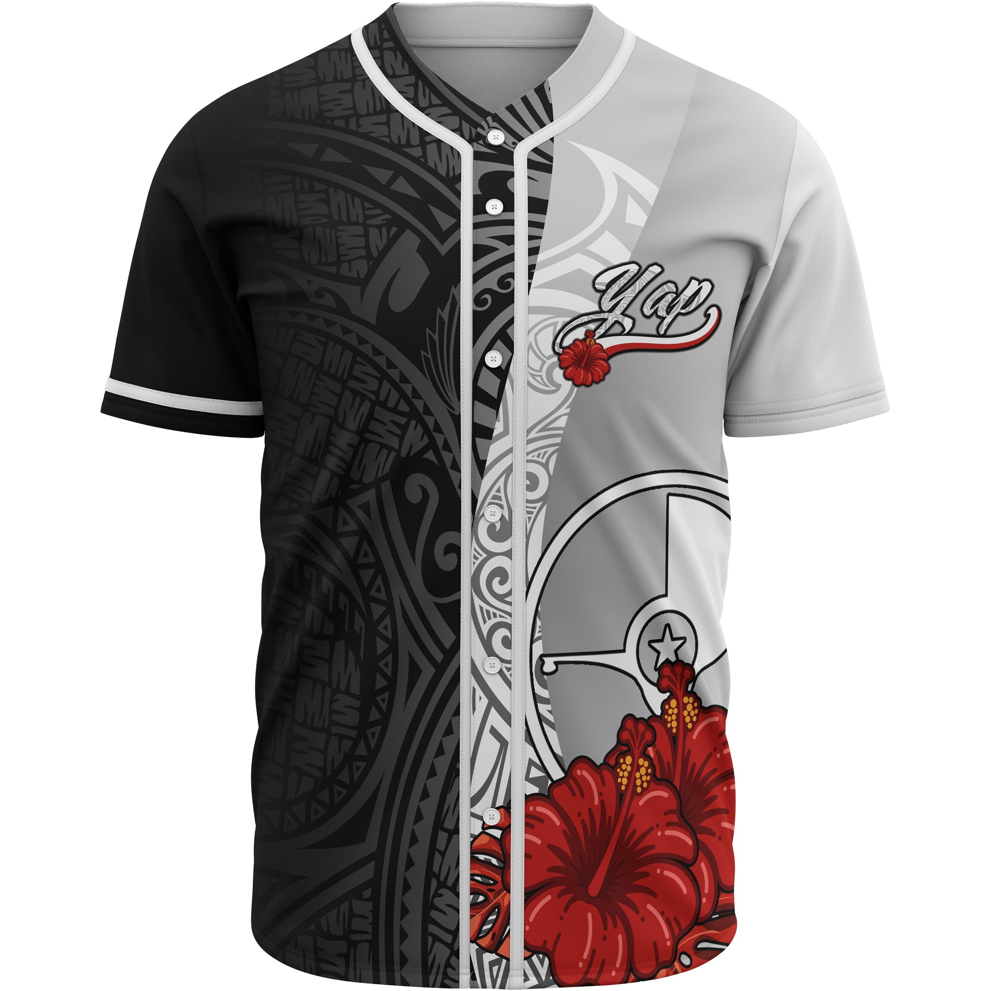 Yap Polynesian Baseball Shirt - Coat Of Arm With Hibiscus White Unisex White - Polynesian Pride