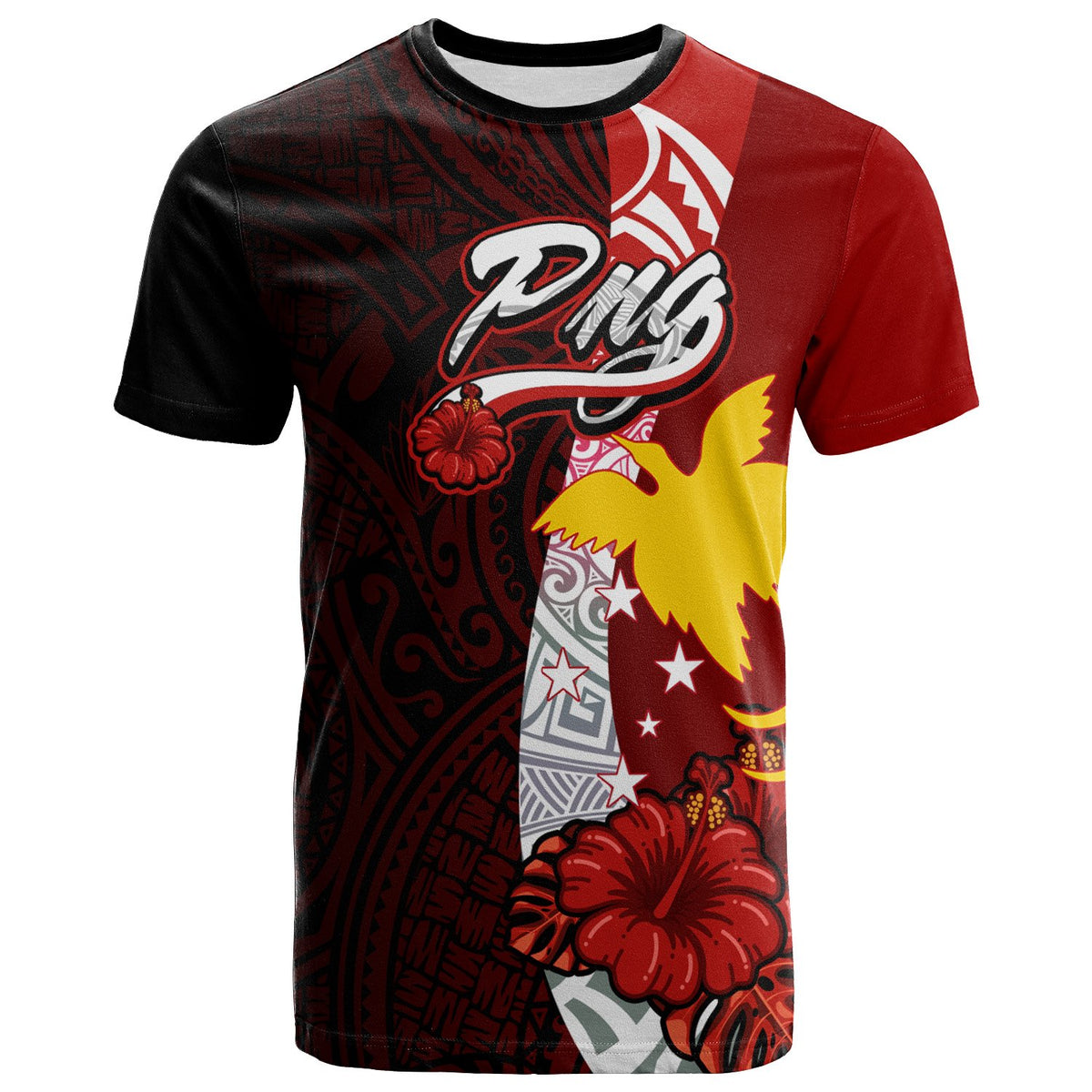 Papua New Guinea Polynesian T Shirt Bird of Paradise With Hibiscus Unisex Red - Polynesian Pride