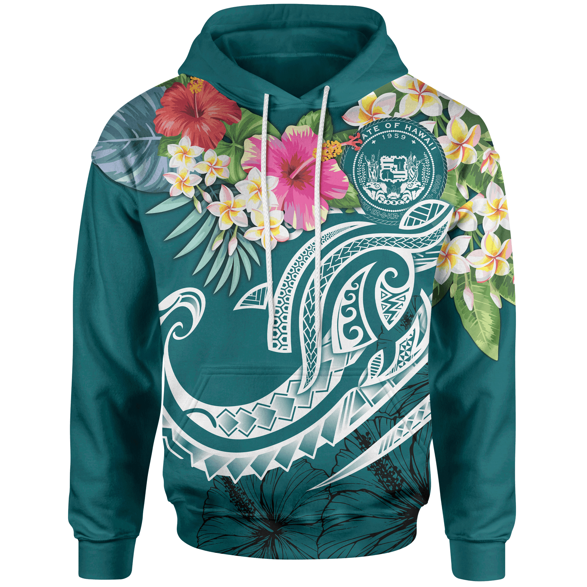 Polynesian Hawaii Hoodie Summer Plumeria Unisex Blue - Polynesian Pride