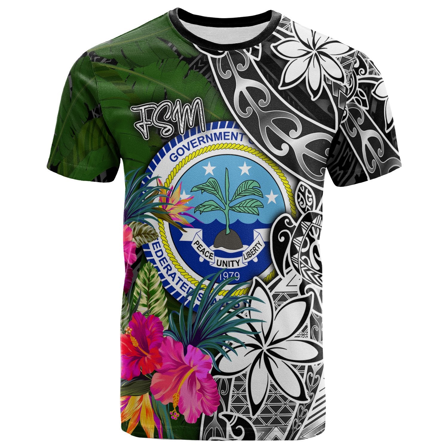 Federated States of Micronesia T Shirt Turtle Plumeria Banana Leaf Unisex Black - Polynesian Pride