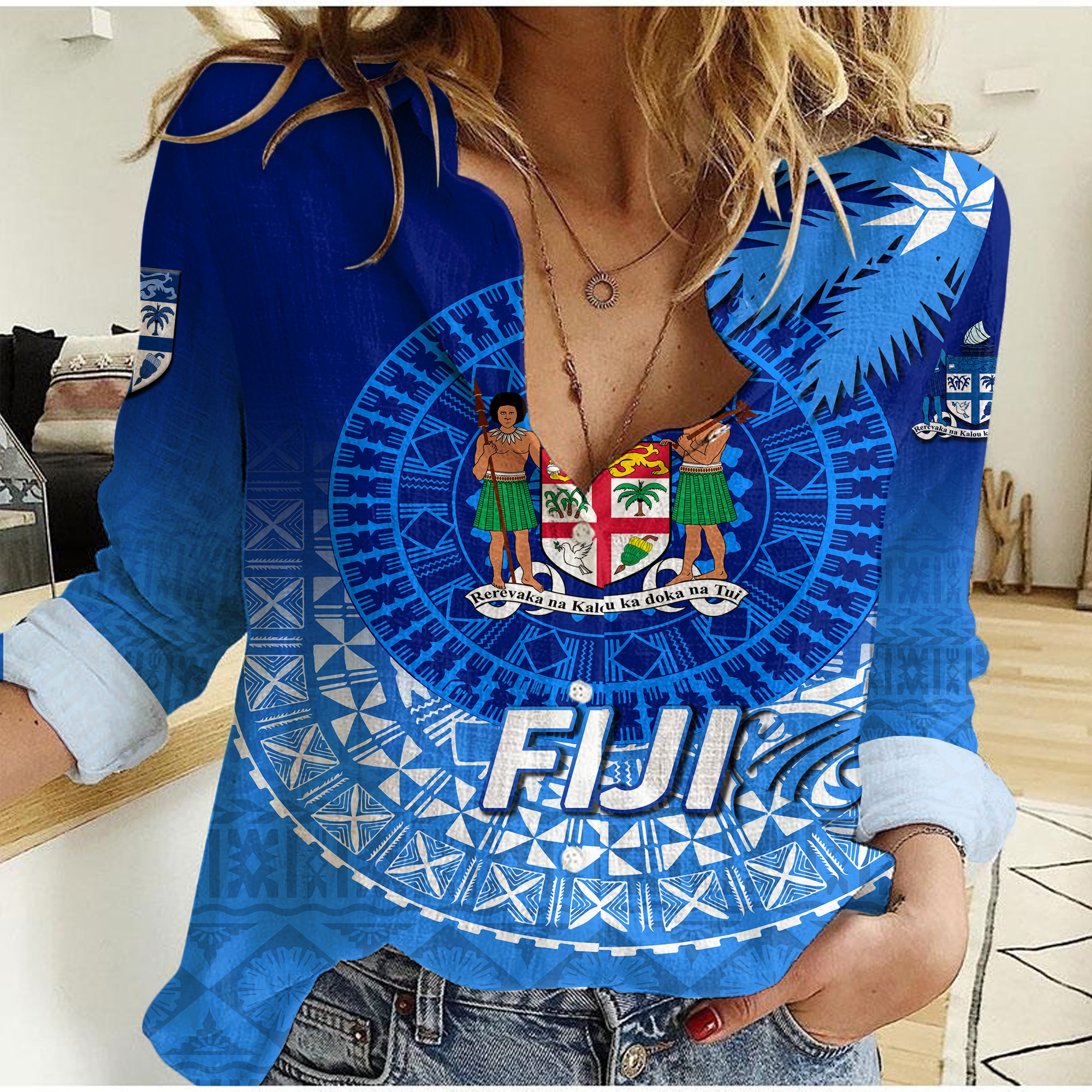 Fiji Tapa Tribal Coconut Tree Women Casual Shirt - LT12 Female Blue - Polynesian Pride